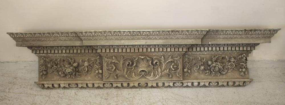 A GEORGIAN STYLE CARVED PINE MANTEL SHELF of breakfront form Image