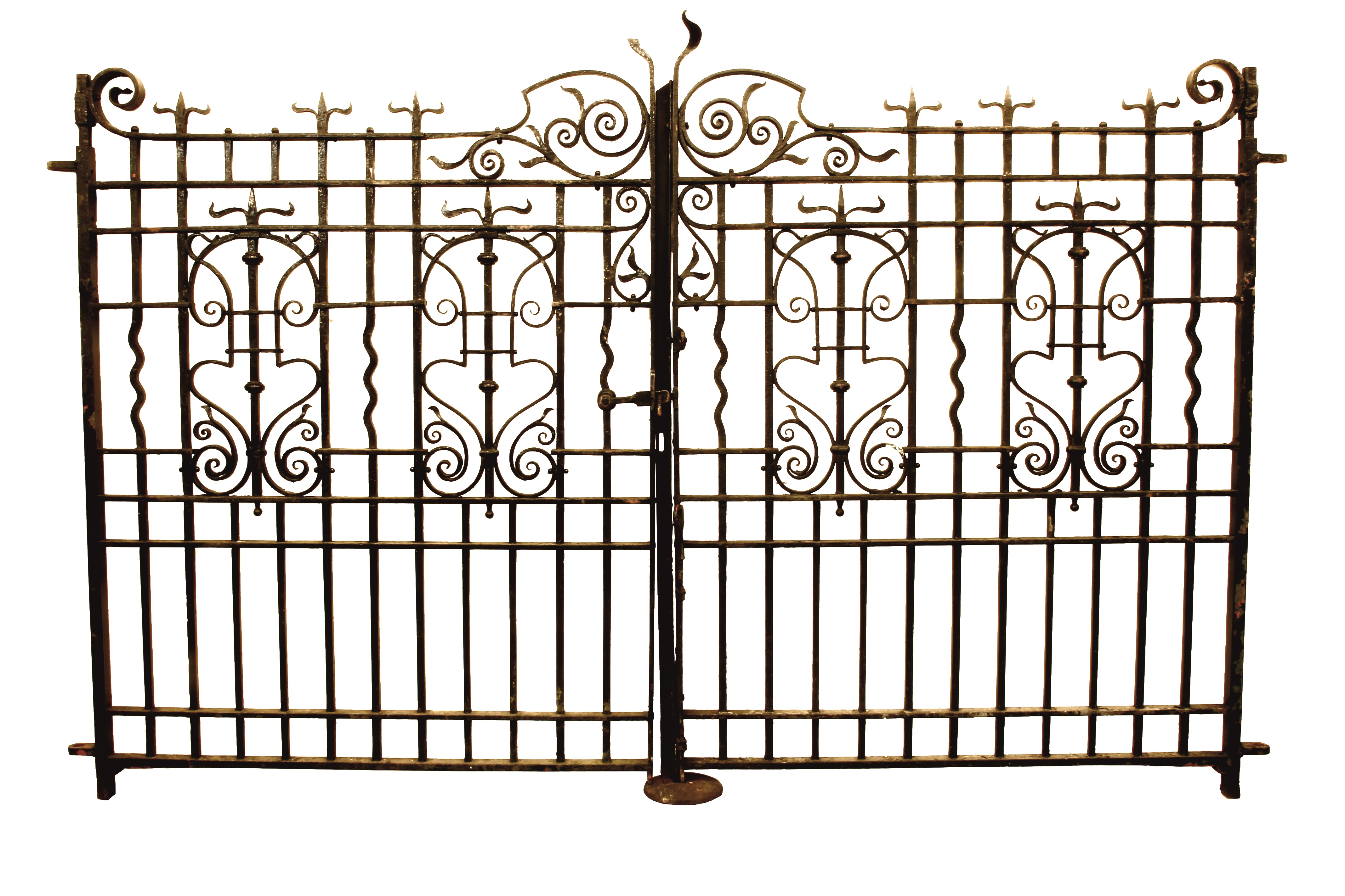 A PAIR OF LATE VICTORIAN WROUGHT IRON ENTRANCE GATES with open scroll work crest Image