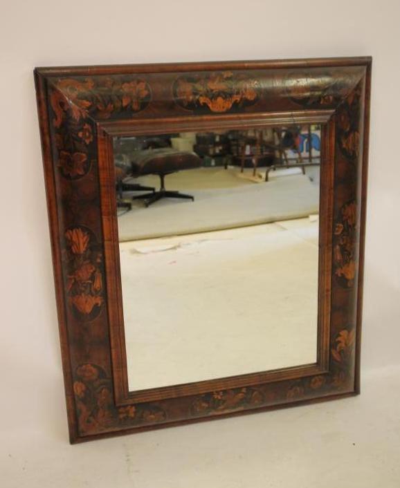 A WILLIAM & MARY LABURNUM OYSTER VENEERED AND FLORAL MARQUETRY CUSHION FRAMED WALL MIRROR Image