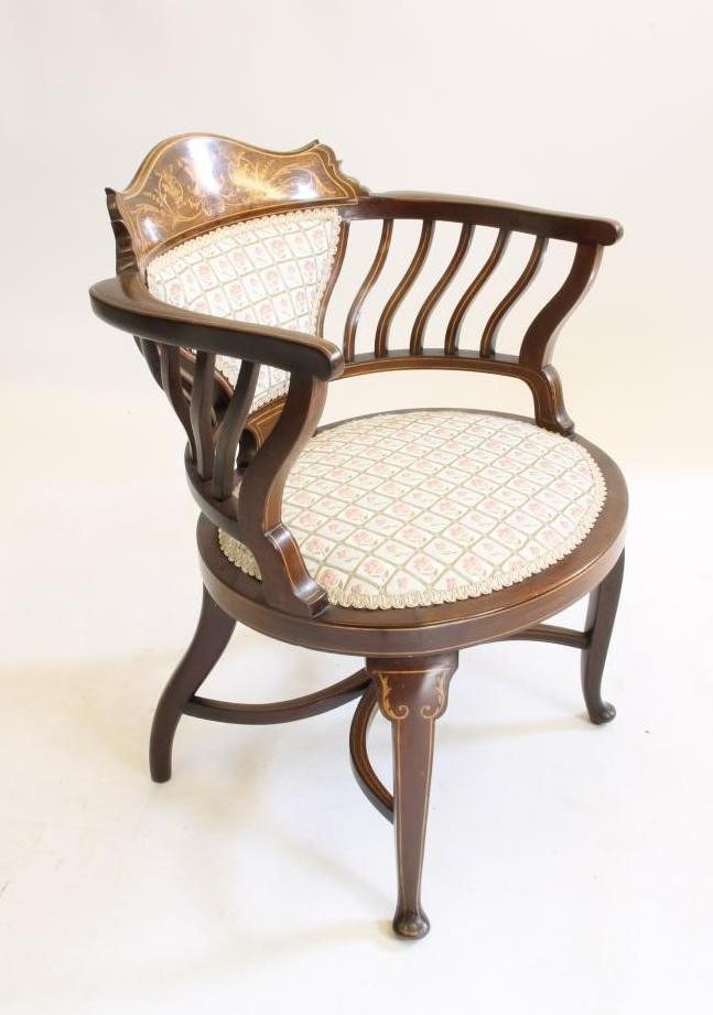 AN EDWARDIAN MAHOGANY AND INLAID BOUDOIR CHAIR Image