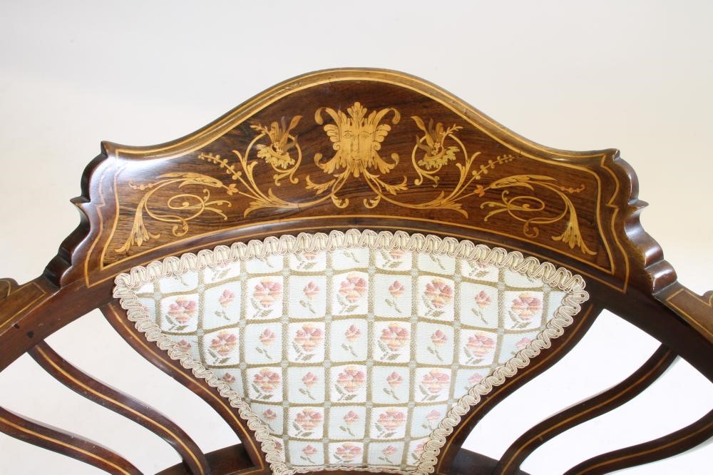 AN EDWARDIAN MAHOGANY AND INLAID BOUDOIR CHAIR Image