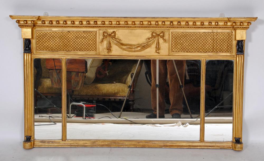 A REGENCY GILT GESSO TRIPLE PLATE OVERMANTEL MIRROR Image