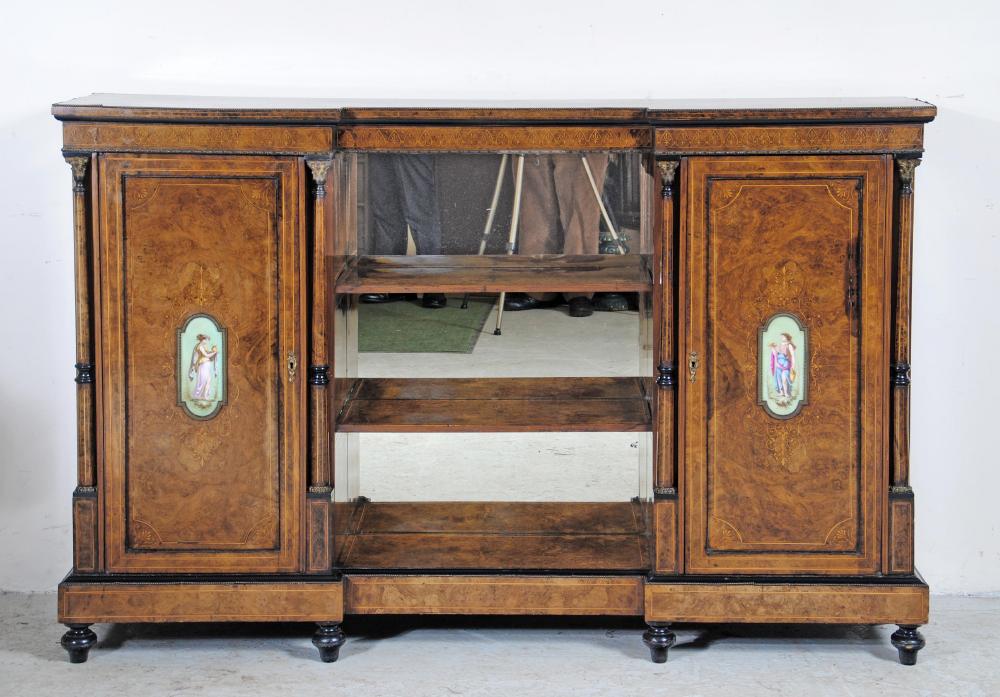 A VICTORIAN WALNUT EBONISED AND MARQUETRY CREDENZA of inverted breakfast form Image