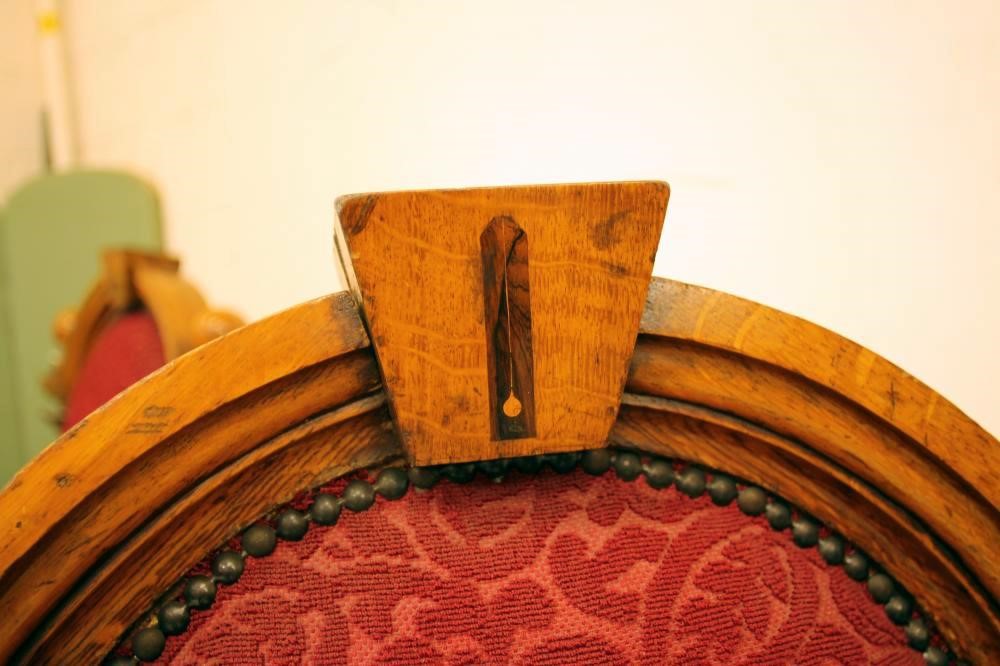 A VICTORIAN OAK MASONIC THRONE upholstered in red moquette Image
