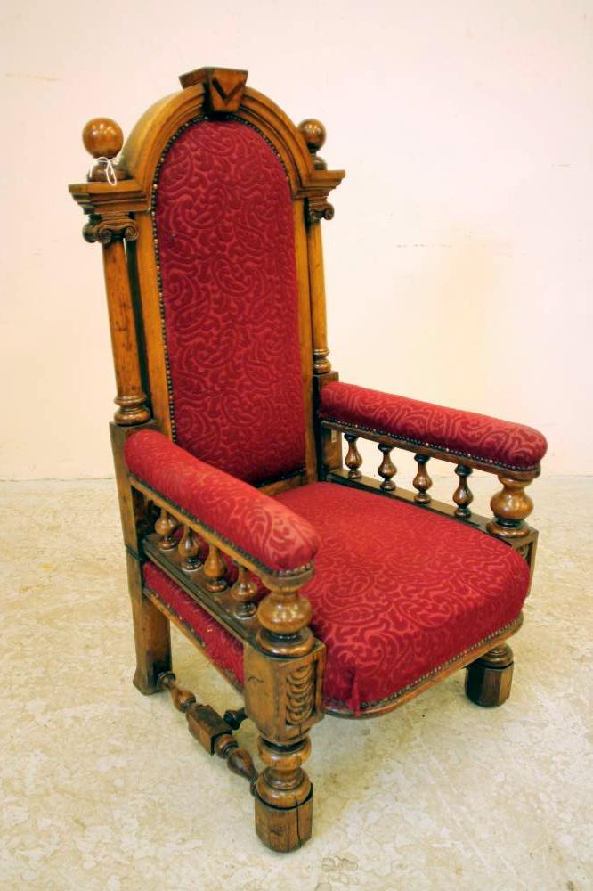 A VICTORIAN OAK MASONIC THRONE similar to the previous lot with Ionic column uprights Image