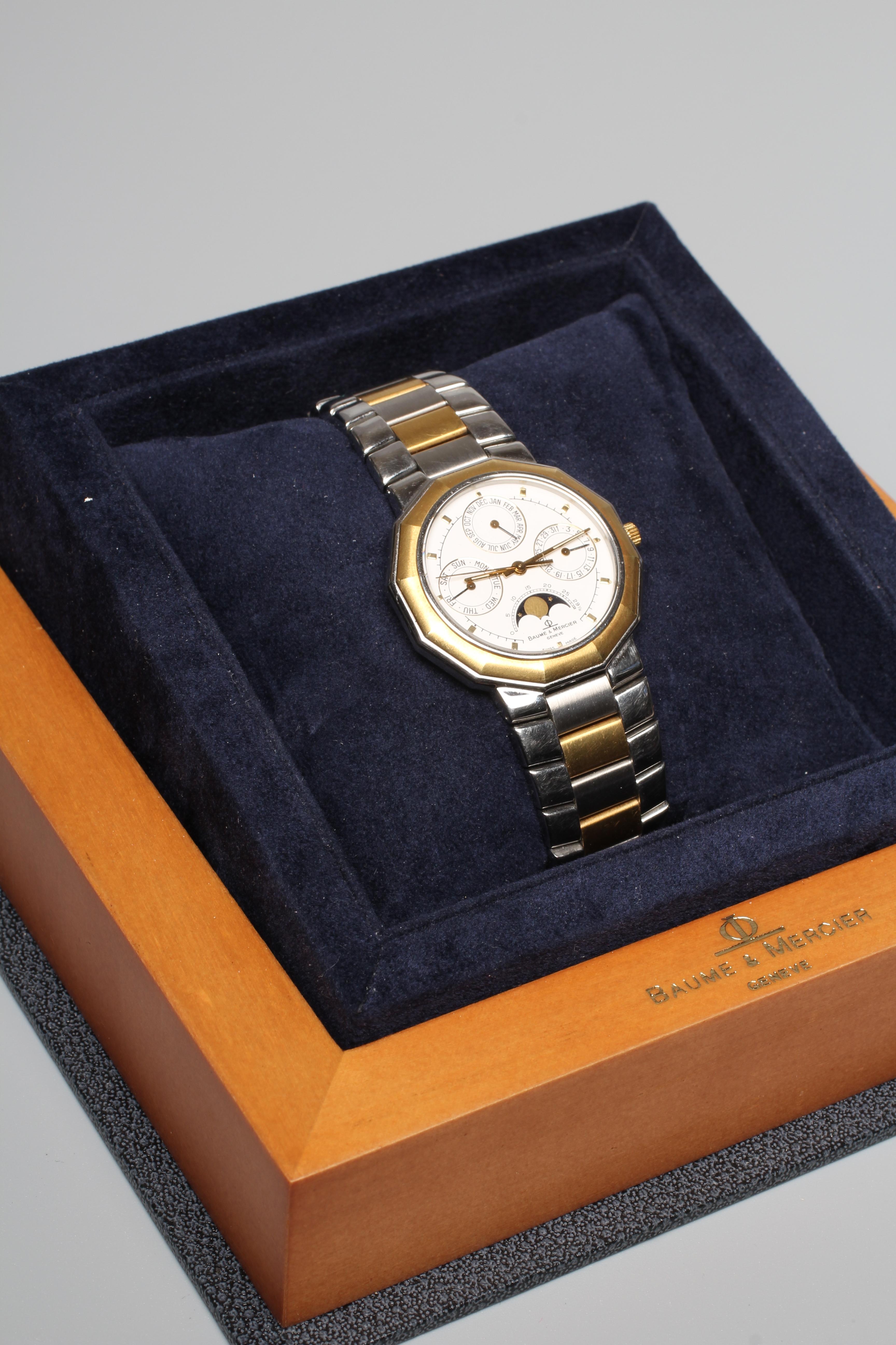 A GENTLEMAN'S BAUME & MERCIER STAINLESS TRIPLE CALENDAR WRISTWATCH Image