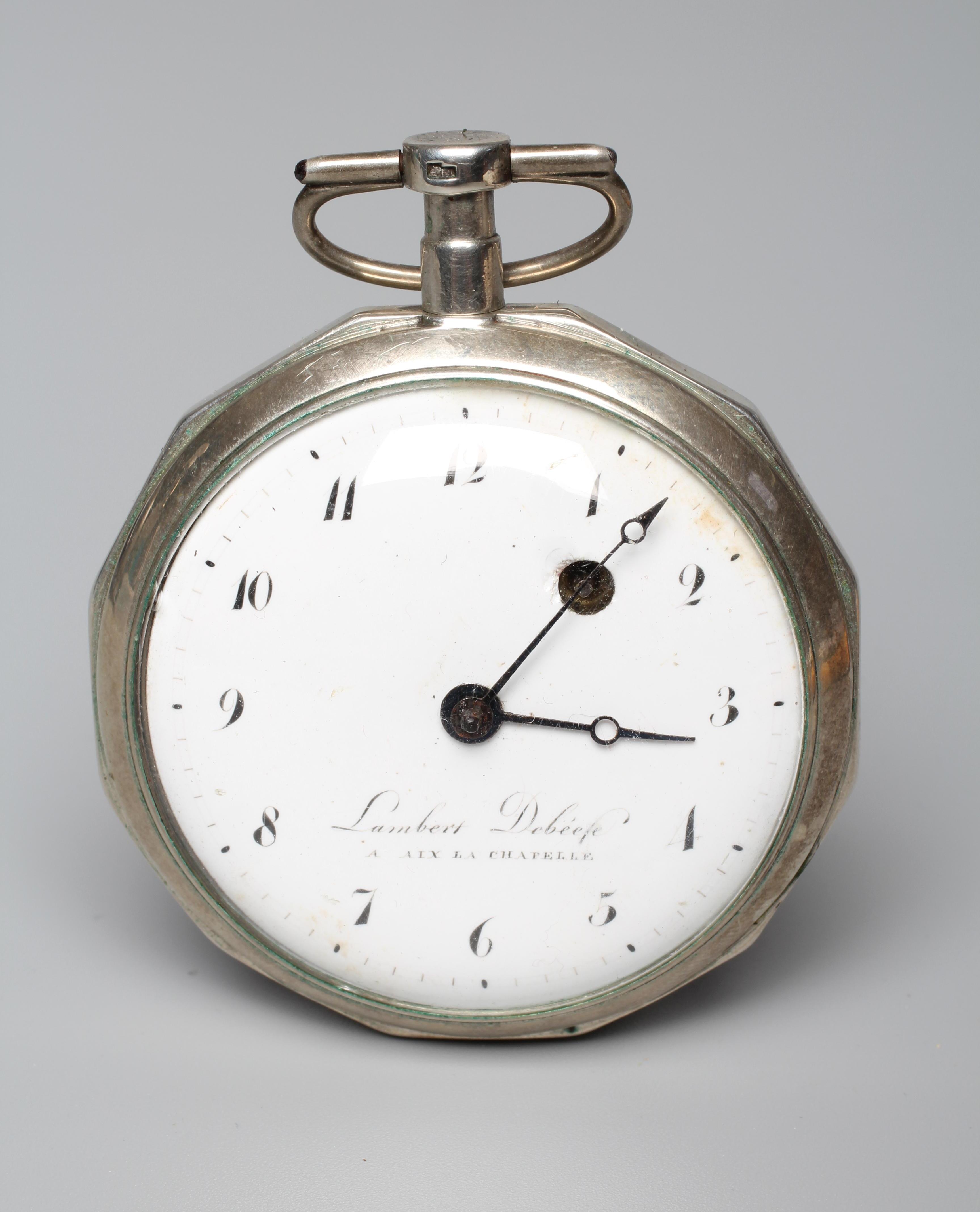 A POCKET WATCH BY LAMBERT DEBEEFE, the white dial with black Arabic numerals, winding hole at 2, Image