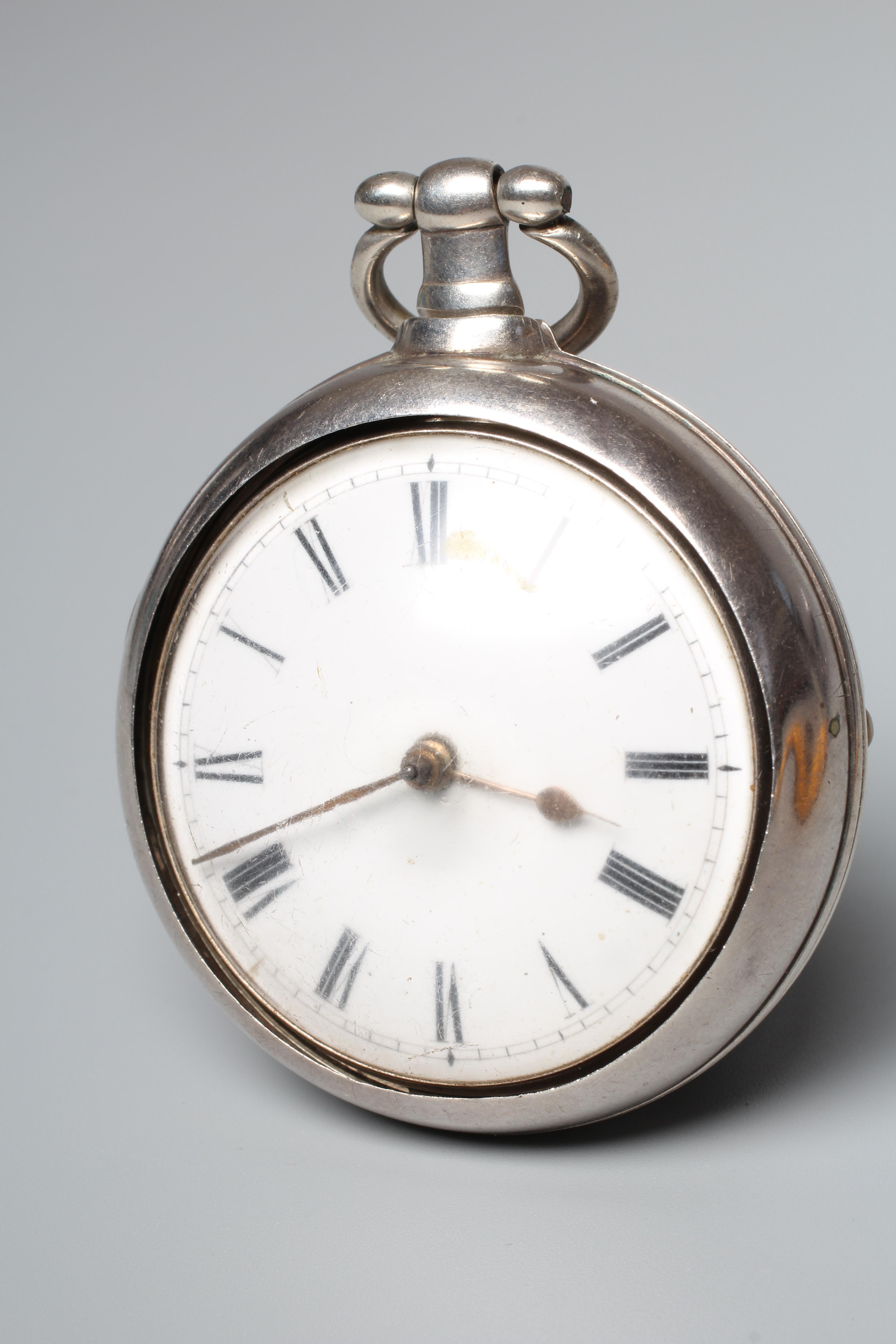 A SILVER PAIR CASED POCKET WATCH, the white dial with black Roman numerals, the verge movement with Image
