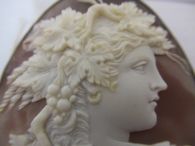 A VICTORIAN SHELL CAMEO BROOCH carved as Dionysus, in a plain gold plated mount Image