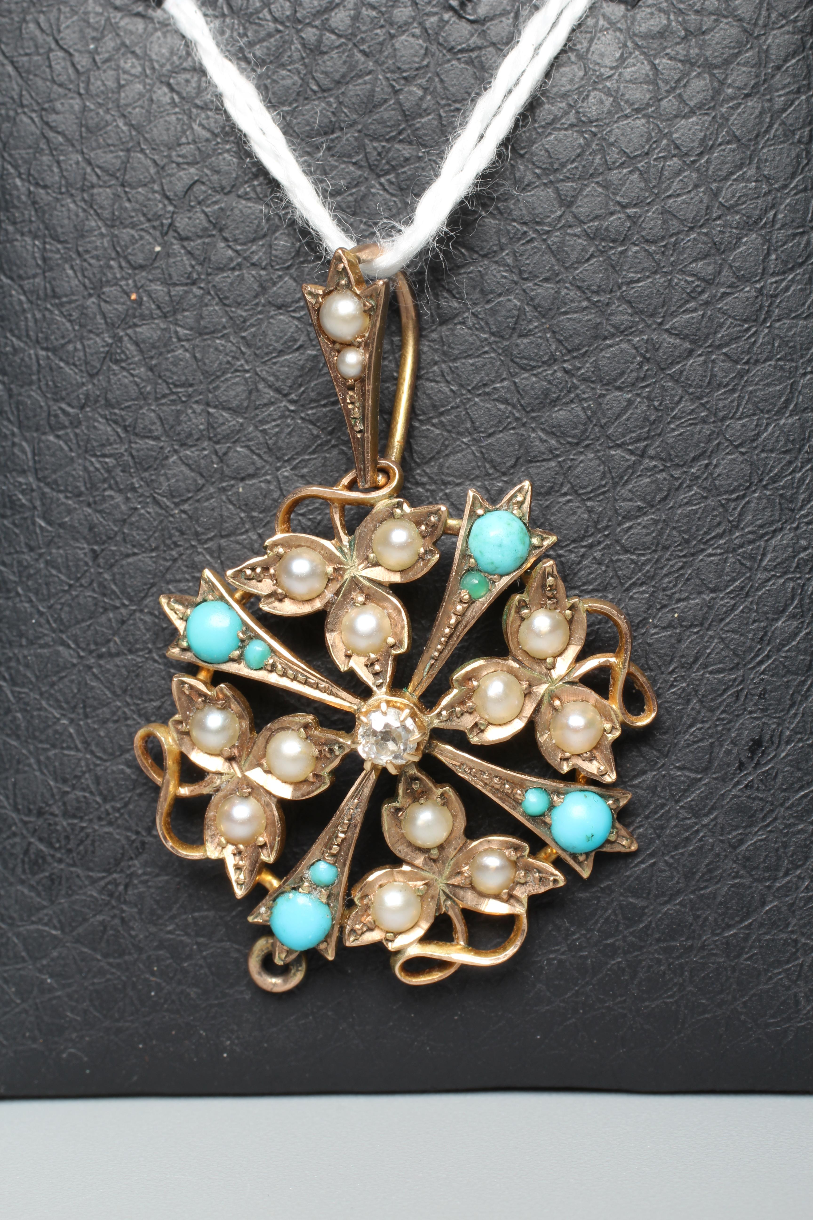 A LATE VICTORIAN TURQUOISE AND SEED PEARL FLOWER PENDANT, applied plaque stamped 9ct Image