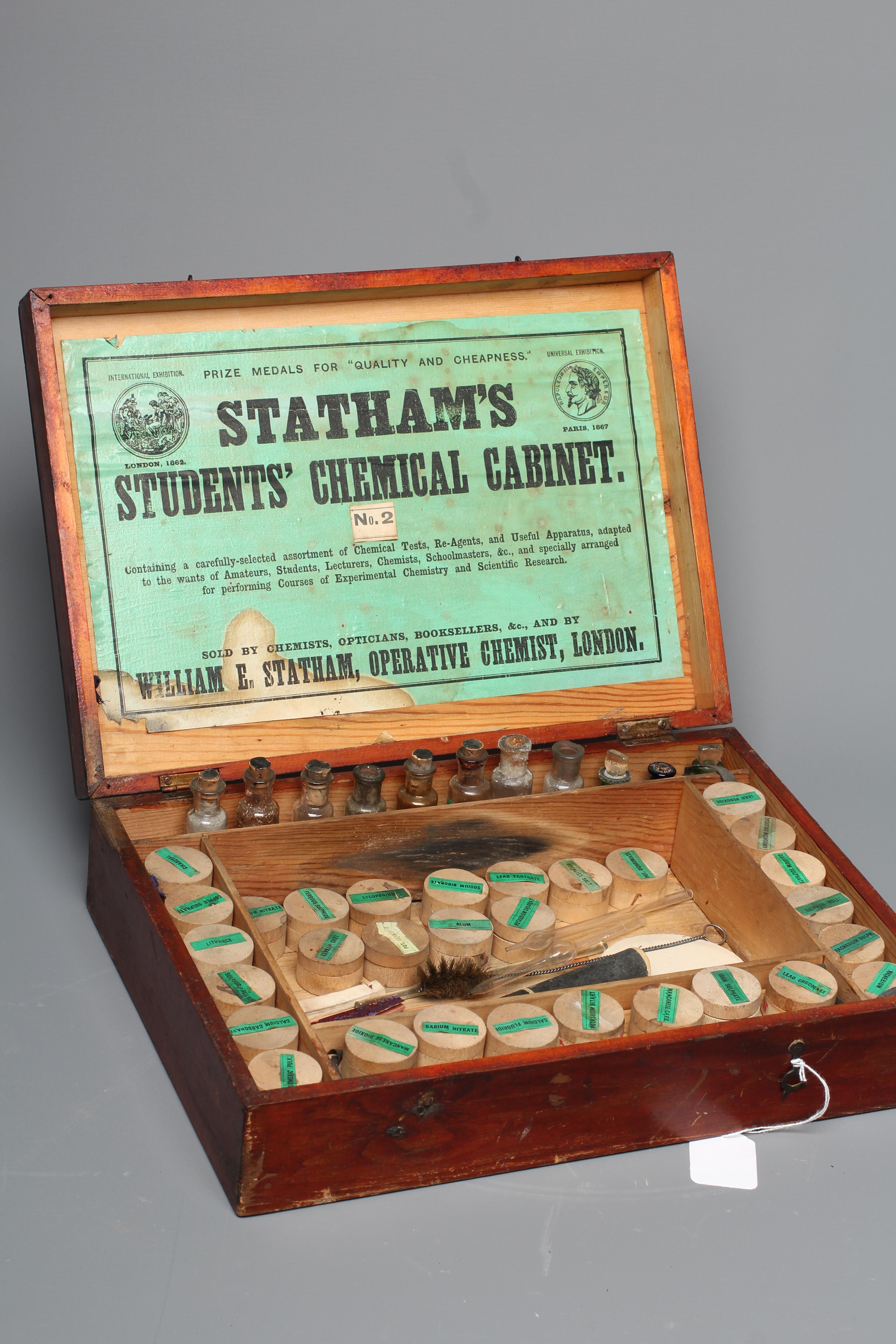 A STATHAMS STUDENTS' CHEMICAL CABINET, c.1900, with accessories including chemicals, litmus papers, Image