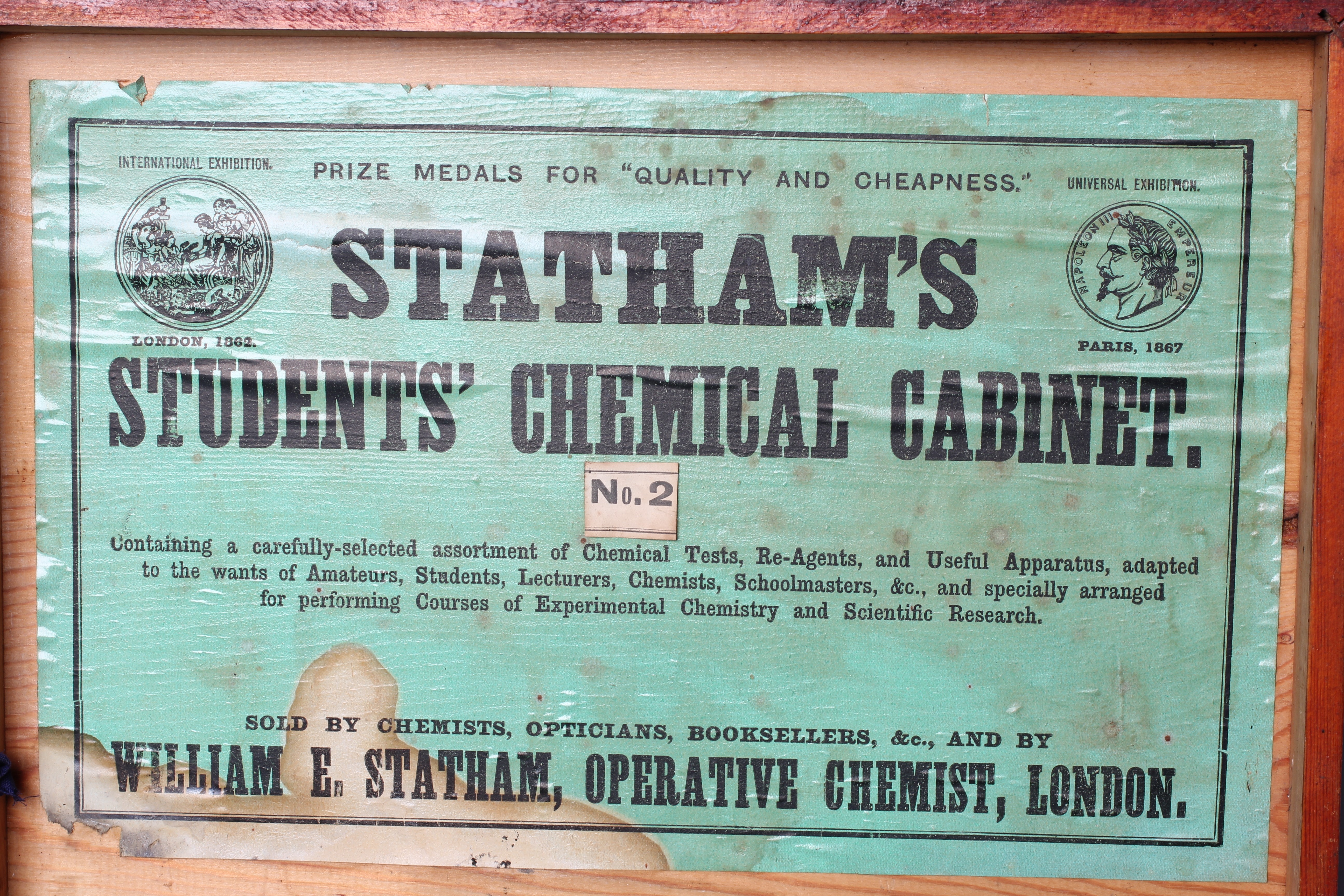 A STATHAMS STUDENTS' CHEMICAL CABINET, c.1900, with accessories including chemicals, litmus papers, Image