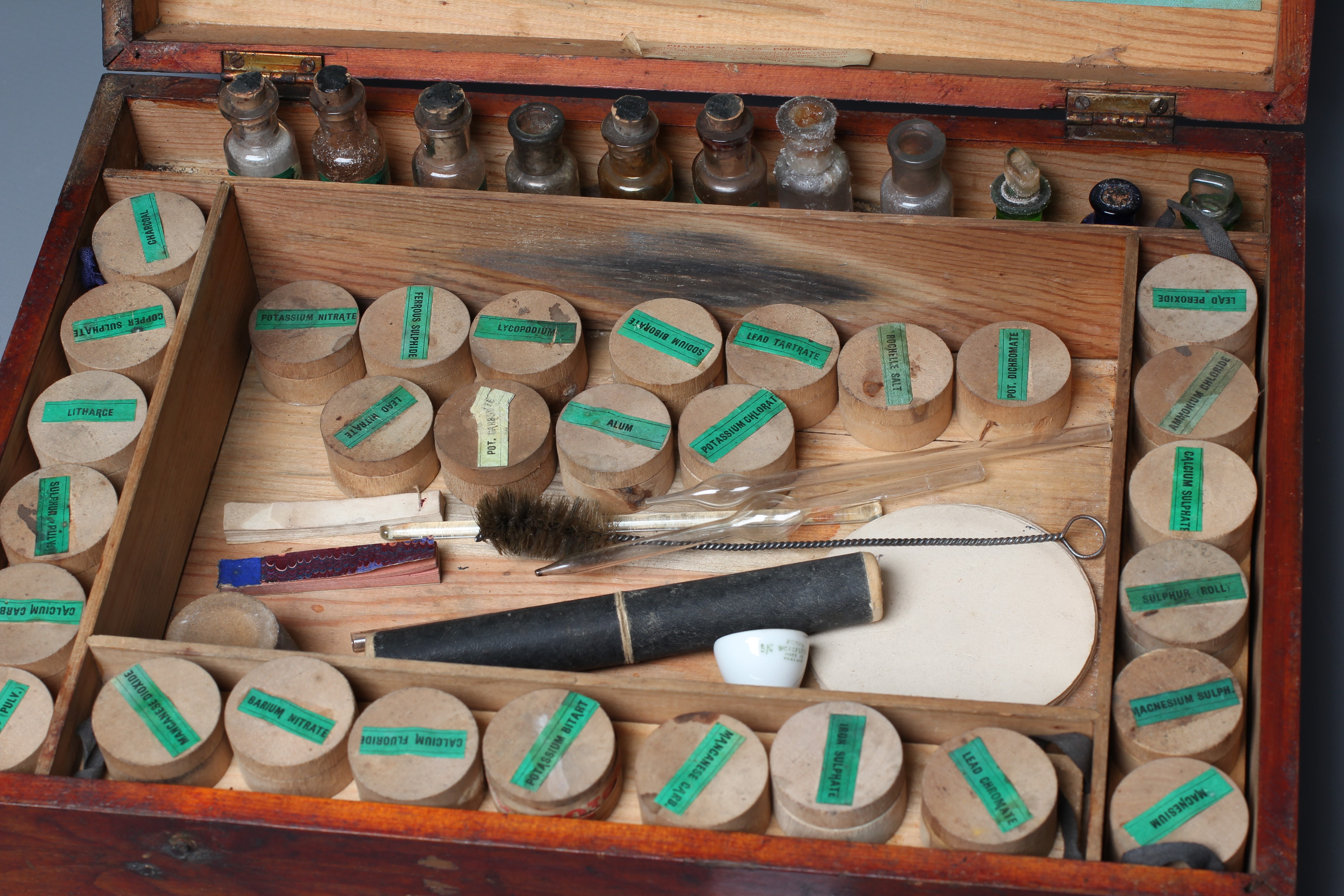 A STATHAMS STUDENTS' CHEMICAL CABINET, c.1900, with accessories including chemicals, litmus papers, Image