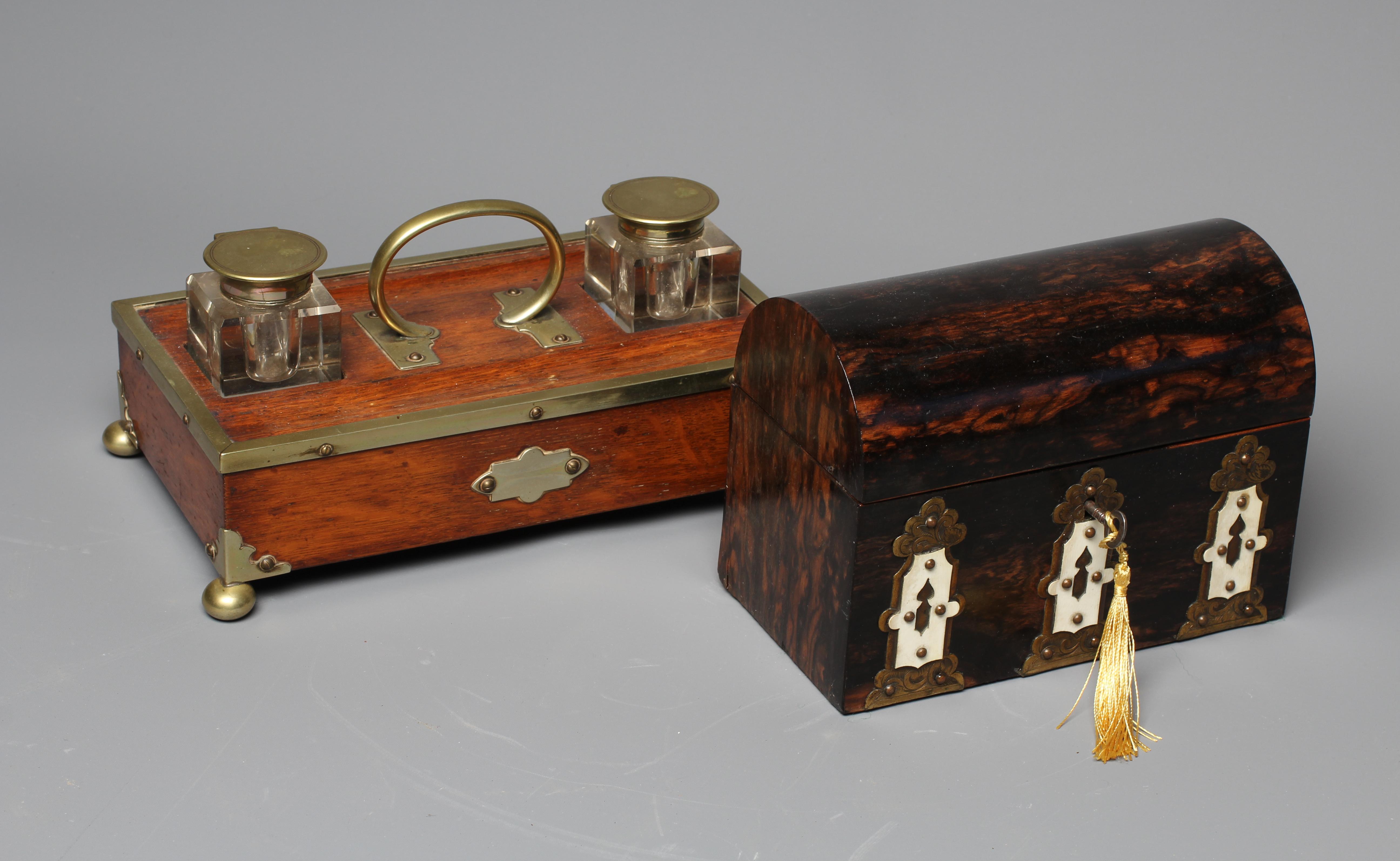 A VICTORIAN COROMANDEL DOMED STATIONERY CASKET with ornate brass and ivory Gothic revival mounts and Image