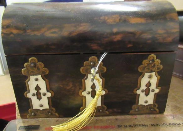 A VICTORIAN COROMANDEL DOMED STATIONERY CASKET with ornate brass and ivory Gothic revival mounts and Image