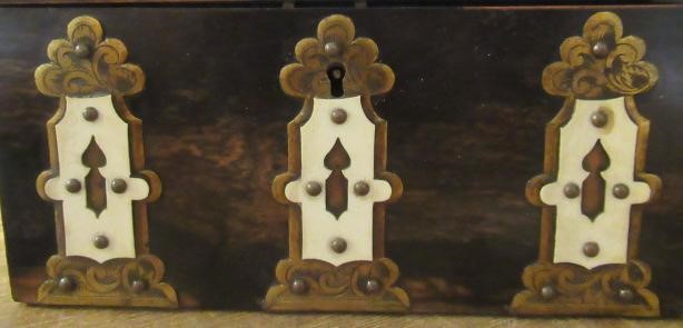 A VICTORIAN COROMANDEL DOMED STATIONERY CASKET with ornate brass and ivory Gothic revival mounts and Image