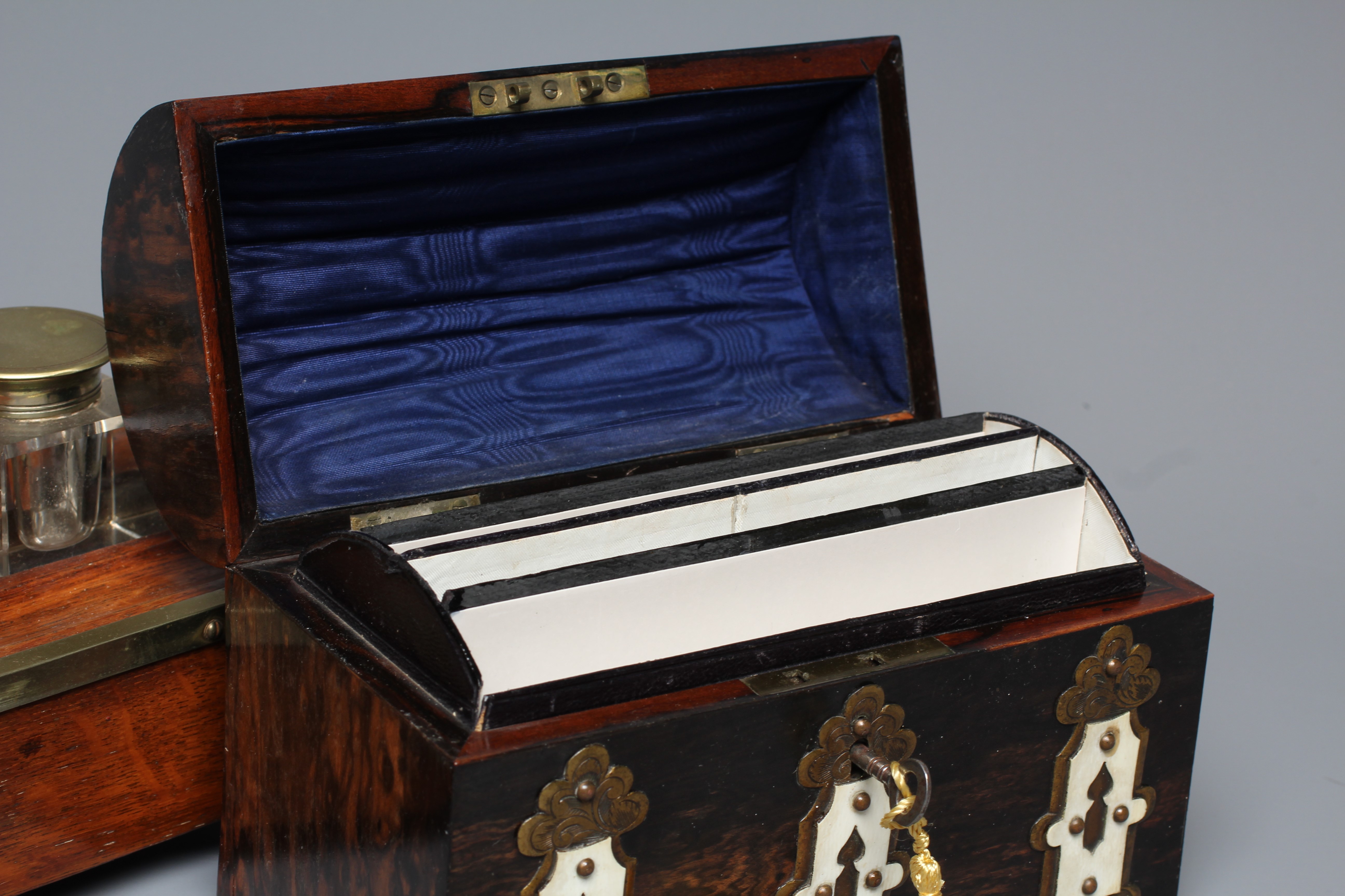 A VICTORIAN COROMANDEL DOMED STATIONERY CASKET with ornate brass and ivory Gothic revival mounts and Image