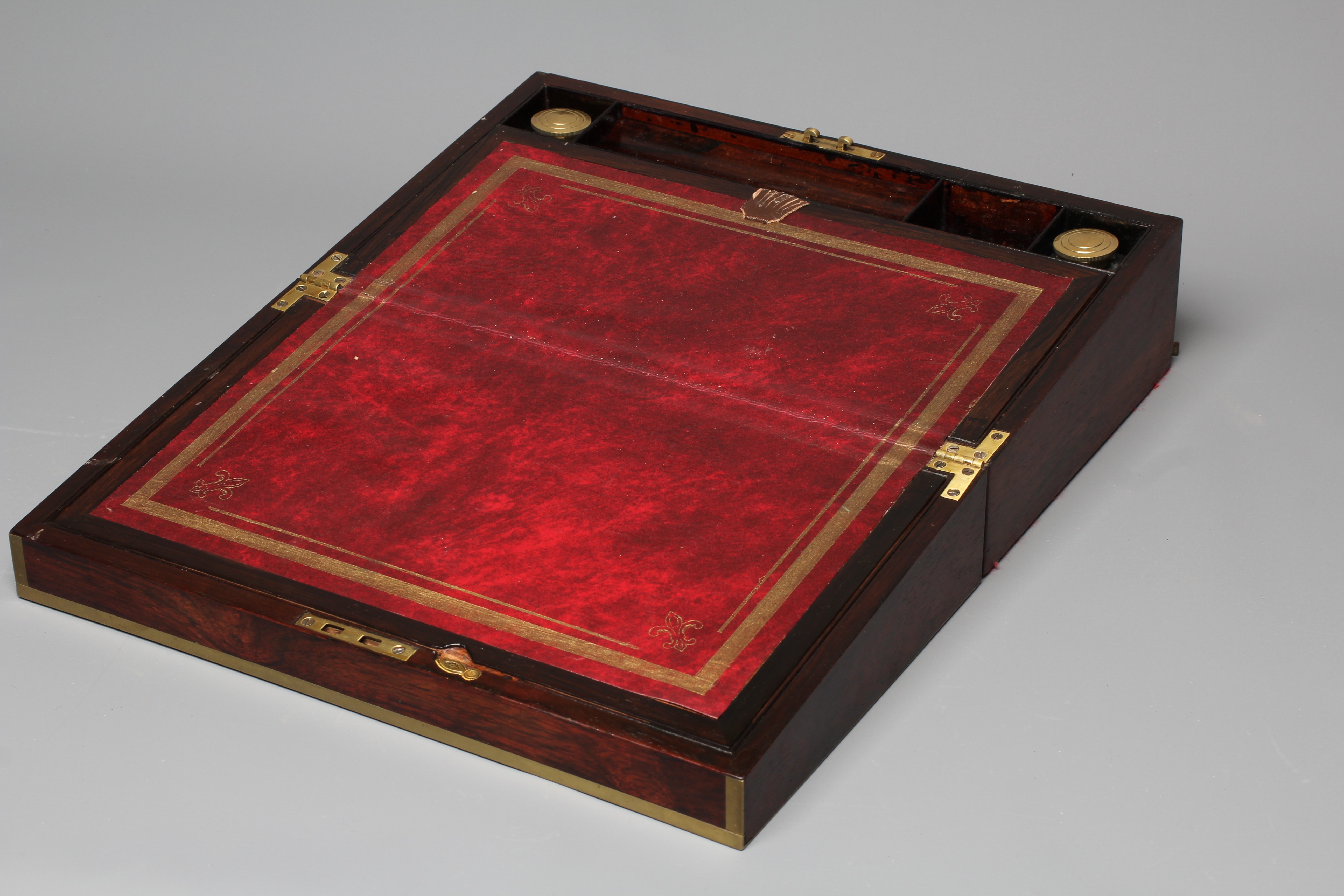 A 19TH CENTURY ROSEWOOD AND BRASS BOUND OBLONG WRITING SLOPE Image