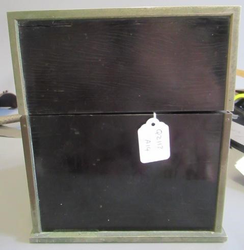 A 19TH CENTURY BRASS BOUND BLACK LACQUER SQUARE DECANTER BOX Image