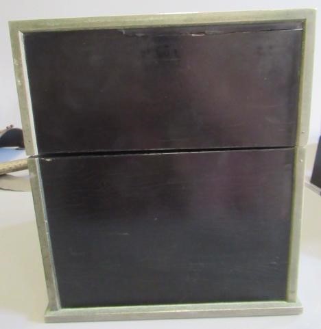 A 19TH CENTURY BRASS BOUND BLACK LACQUER SQUARE DECANTER BOX Image