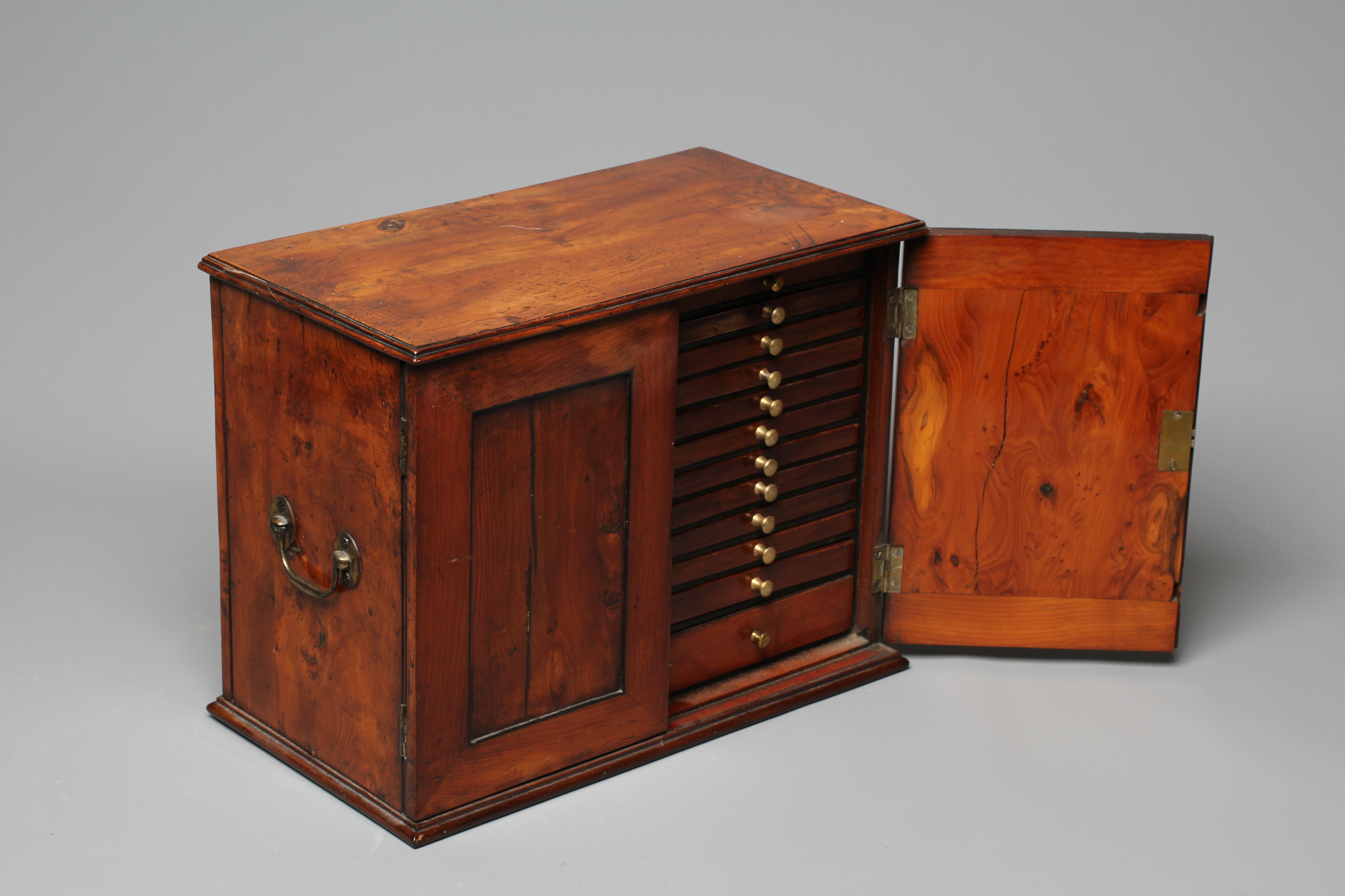 A VICTORIAN COIN COLLECTOR'S YEW WOOD OBLONG CABINET Image
