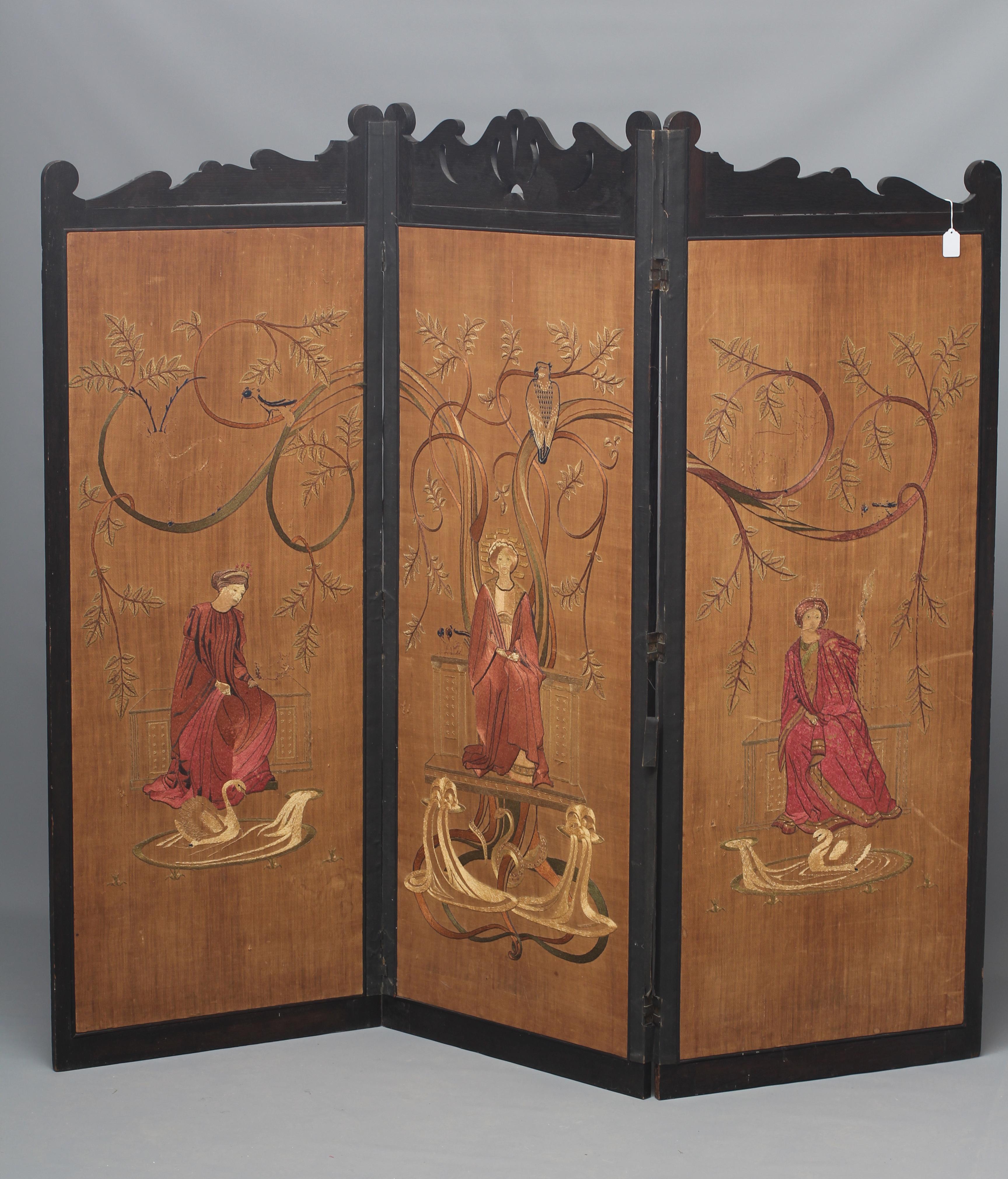 ALICE TANGYE (Exh.1890's) An oak tri-fold screen, the three Arts and Crafts fabric panels Image