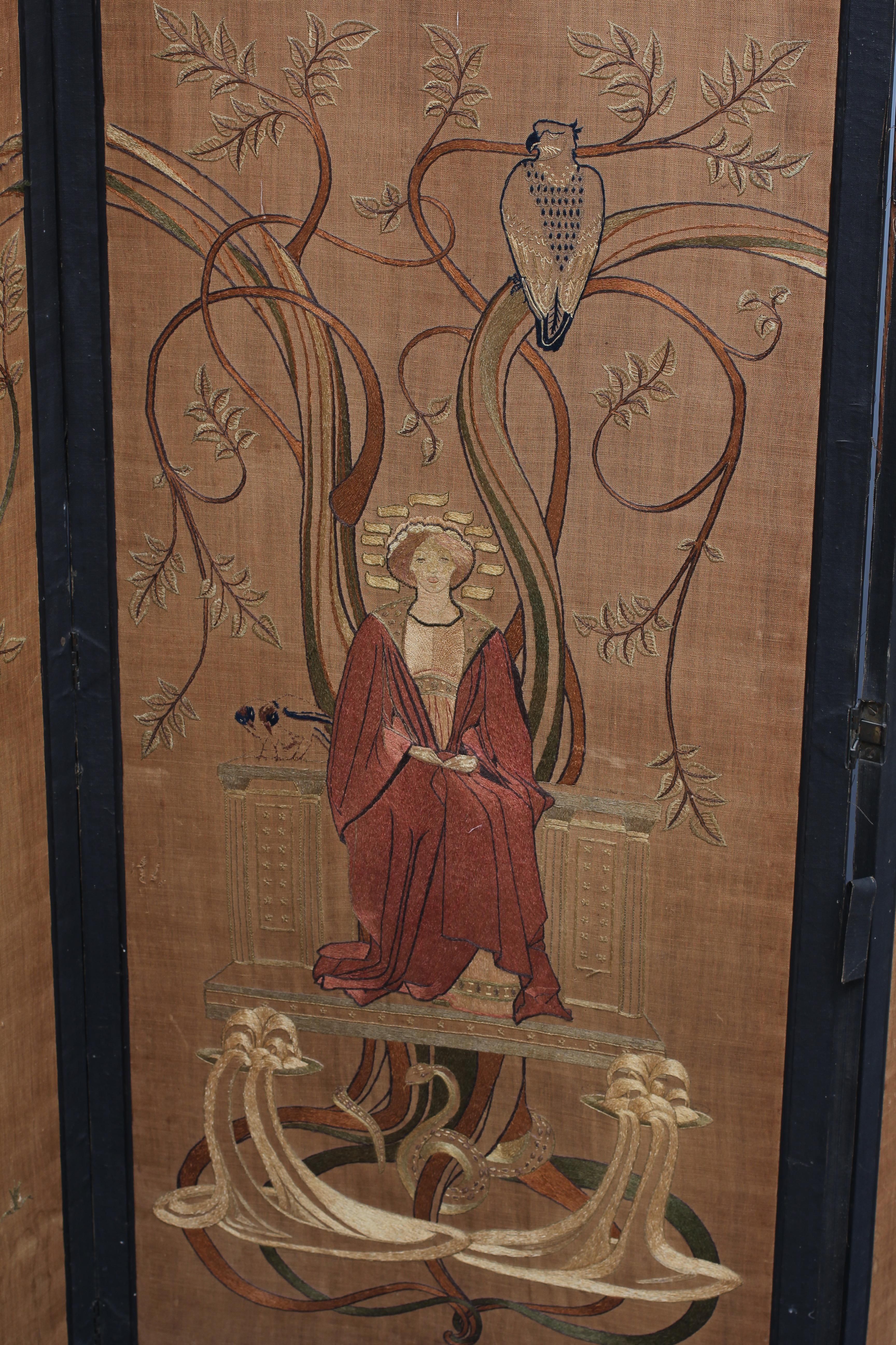 ALICE TANGYE (Exh.1890's) An oak tri-fold screen, the three Arts and Crafts fabric panels Image