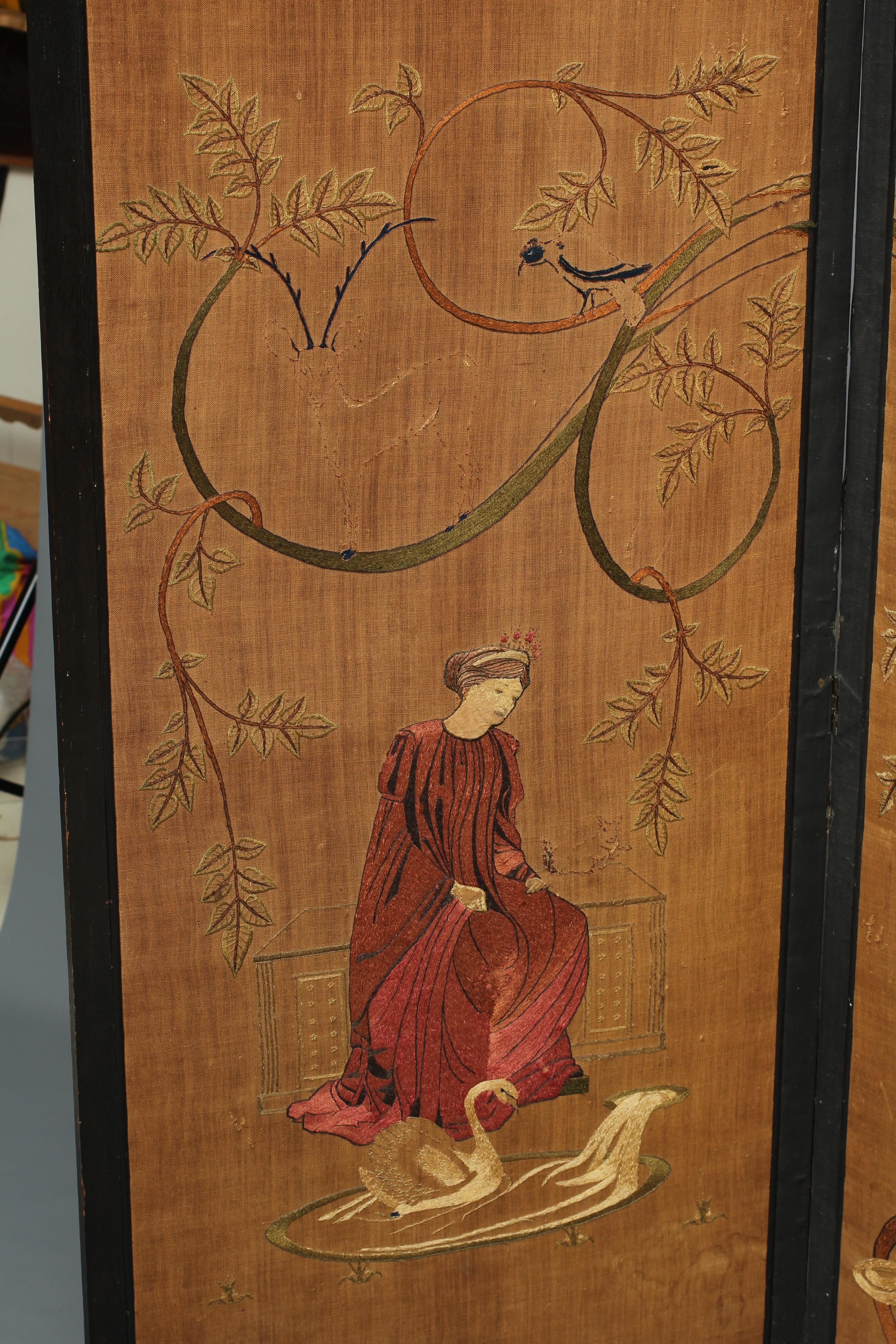 ALICE TANGYE (Exh.1890's) An oak tri-fold screen, the three Arts and Crafts fabric panels Image