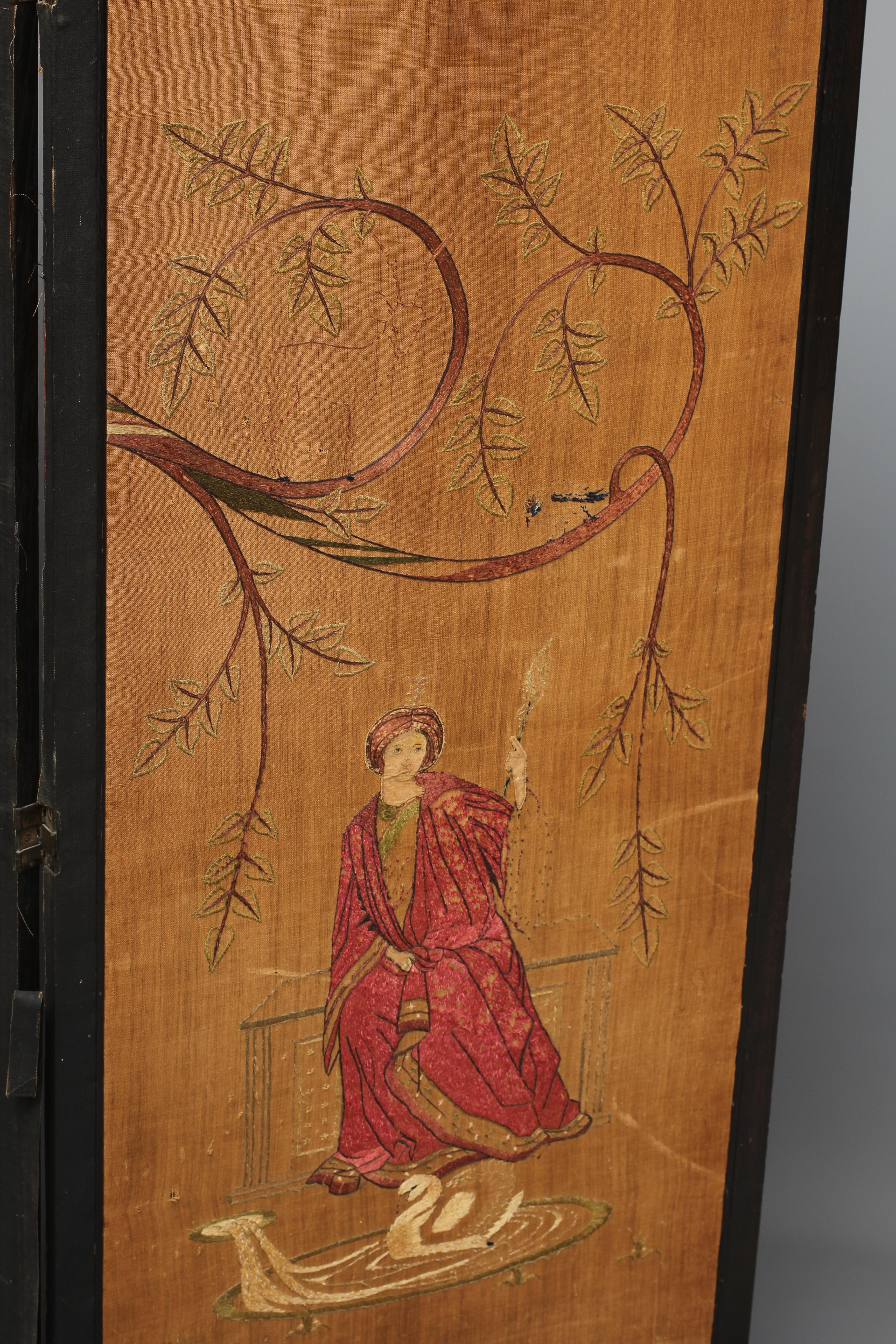 ALICE TANGYE (Exh.1890's) An oak tri-fold screen, the three Arts and Crafts fabric panels Image