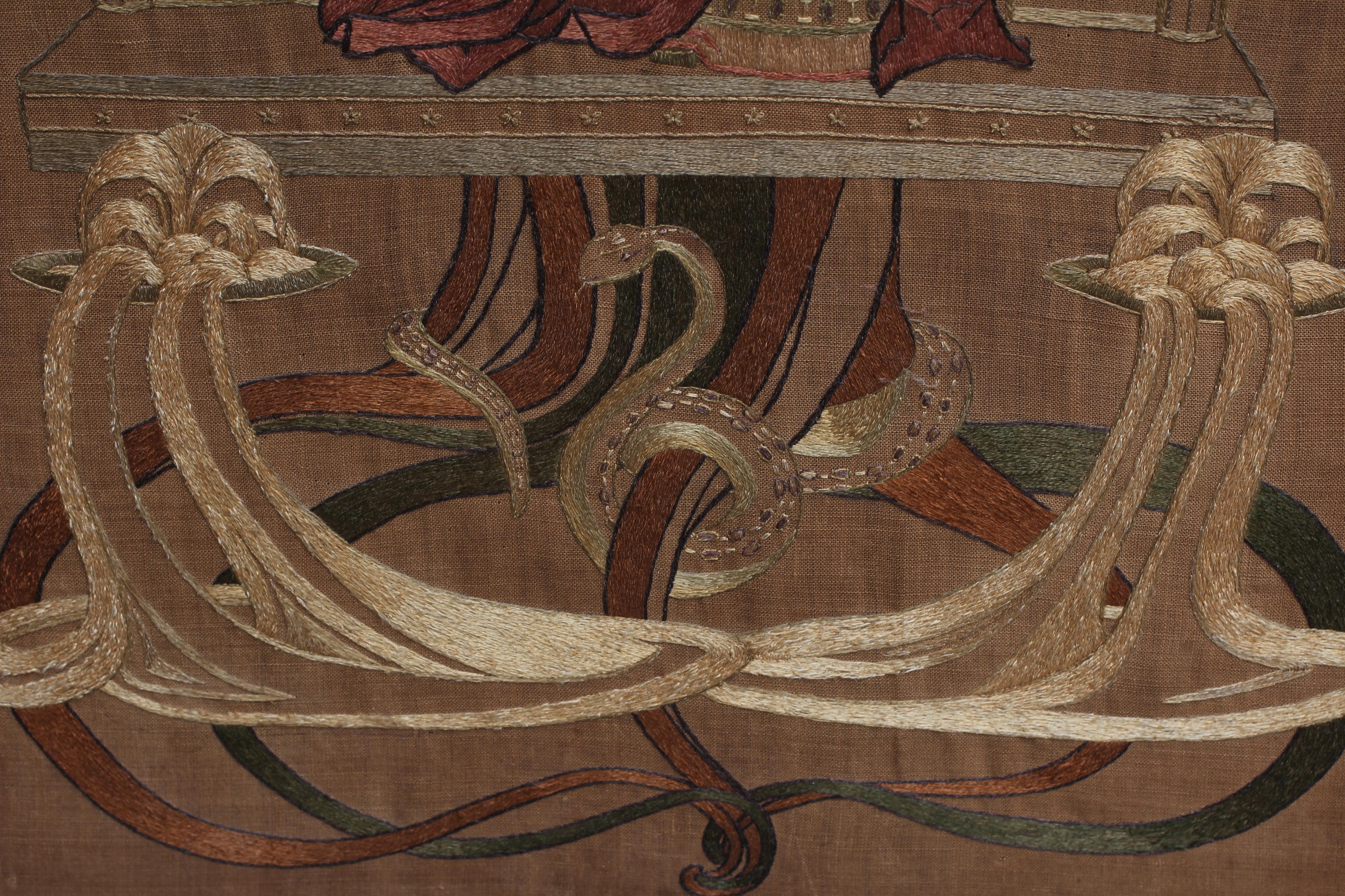 ALICE TANGYE (Exh.1890's) An oak tri-fold screen, the three Arts and Crafts fabric panels Image