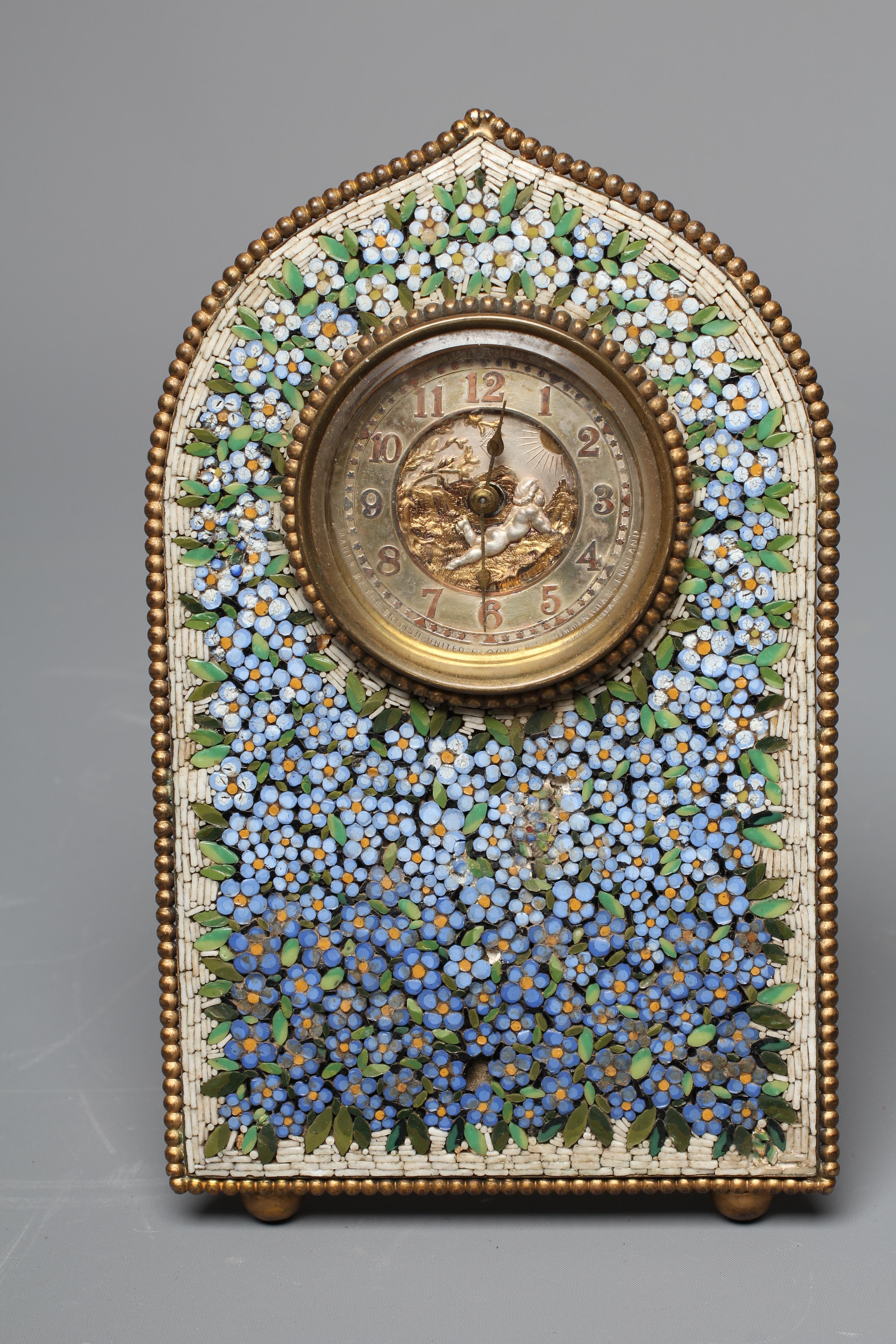 A VICTORIAN GILT METAL MICRO MOSAIC STRUT BACK DRESSING TABLE TIMEPIECE Image