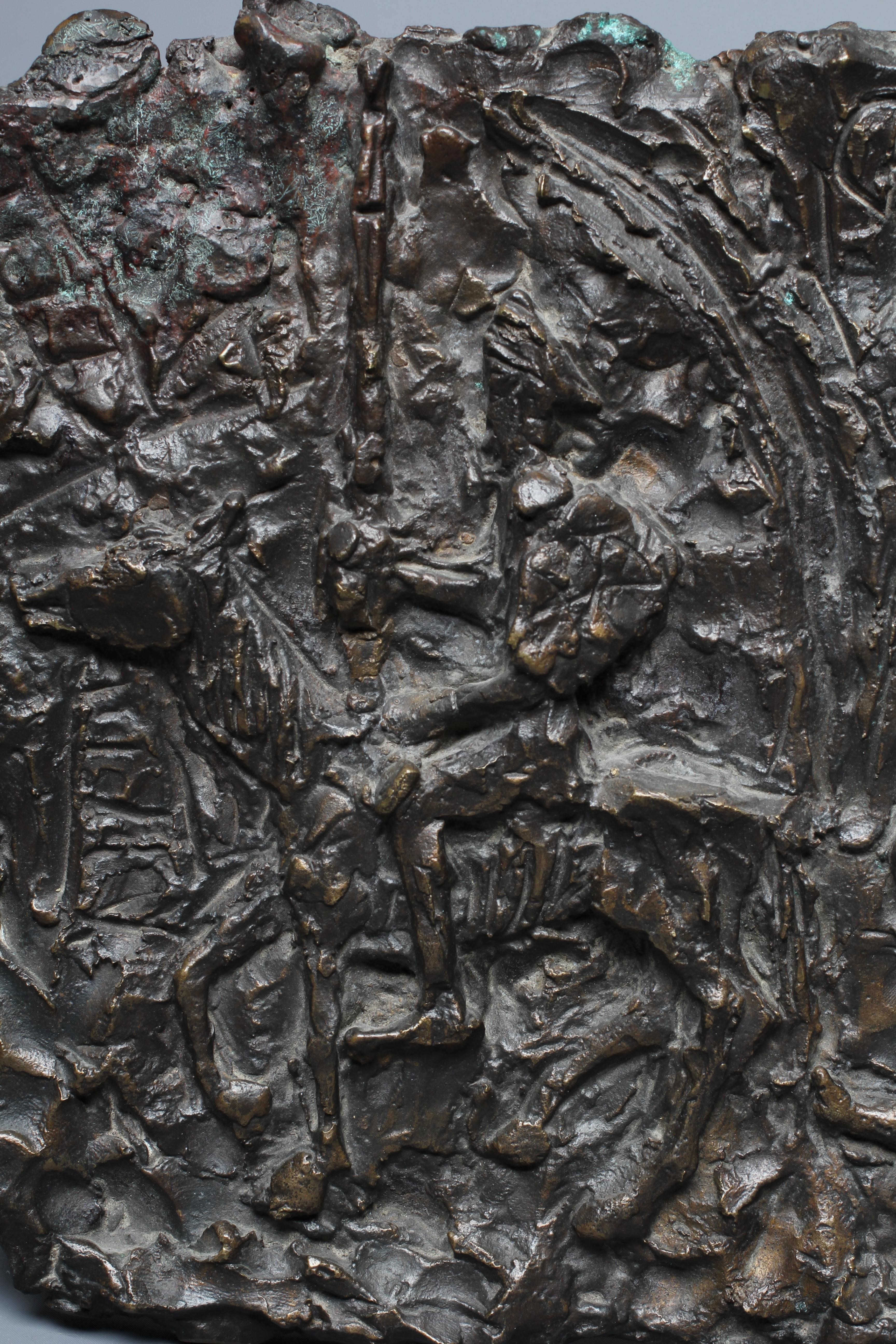 A 20TH CENTURY CONTINENTAL BRONZE PLAQUE OF DON QUIXOTE, indistinctly signed verso, with a dark Image
