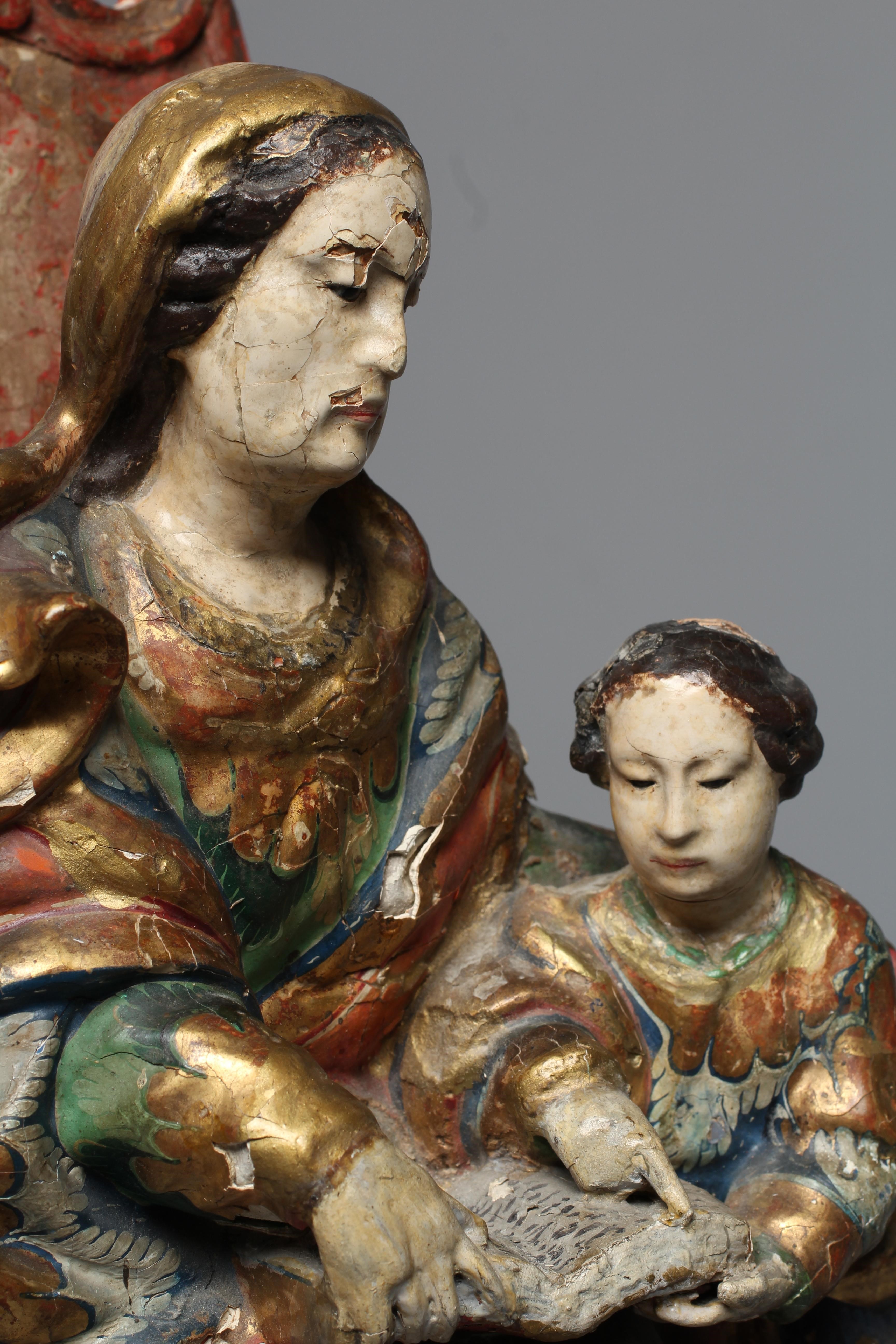 AN 18TH CENTURY CARVED WOOD AND POLYCHROME DECORATED FIGURE OF ST ANN AND THE VIRGIN Image