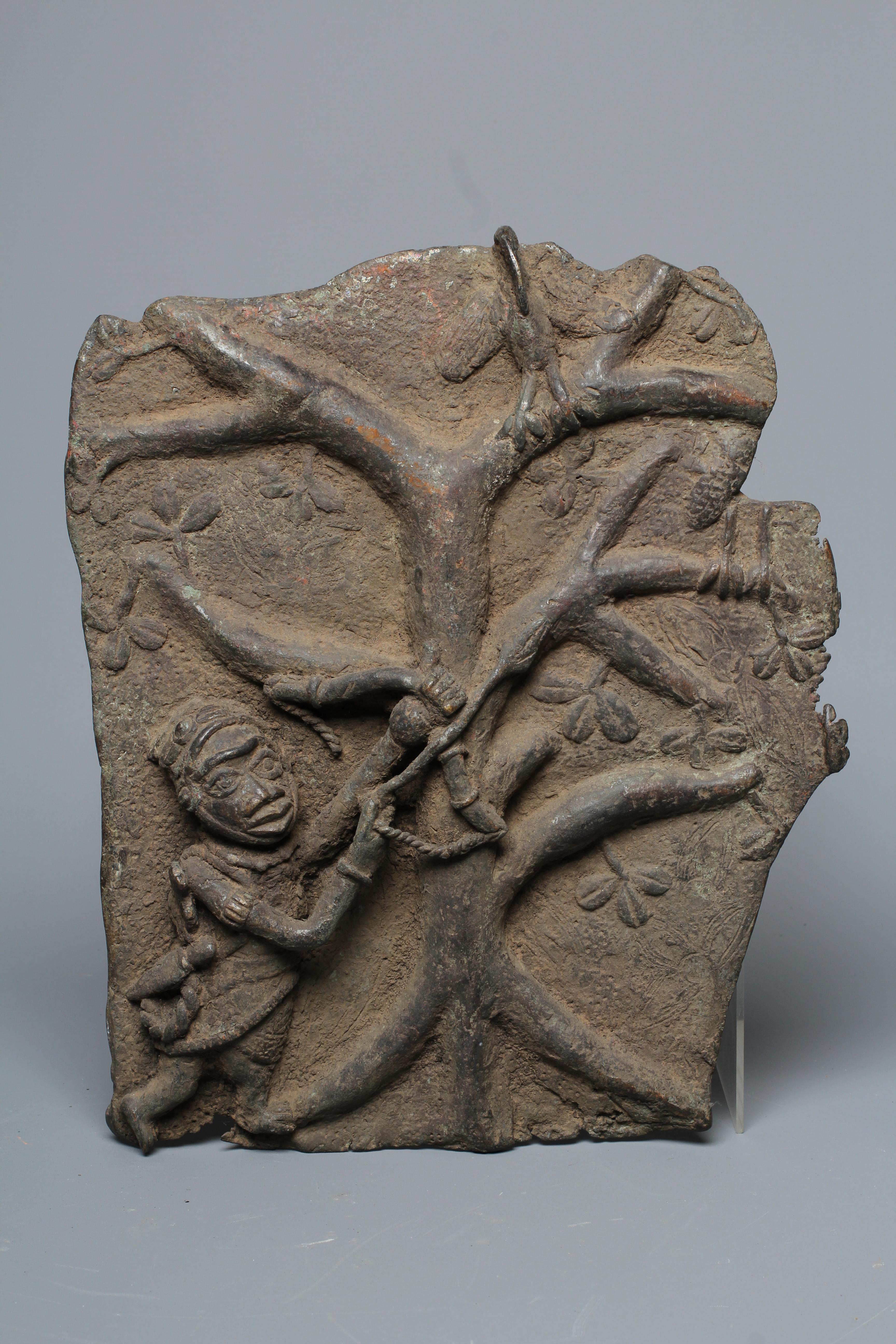 A BENIN BRONZE TREE OF LIFE PLAQUE worked in relief, 12 1/2" h x 10" w Image