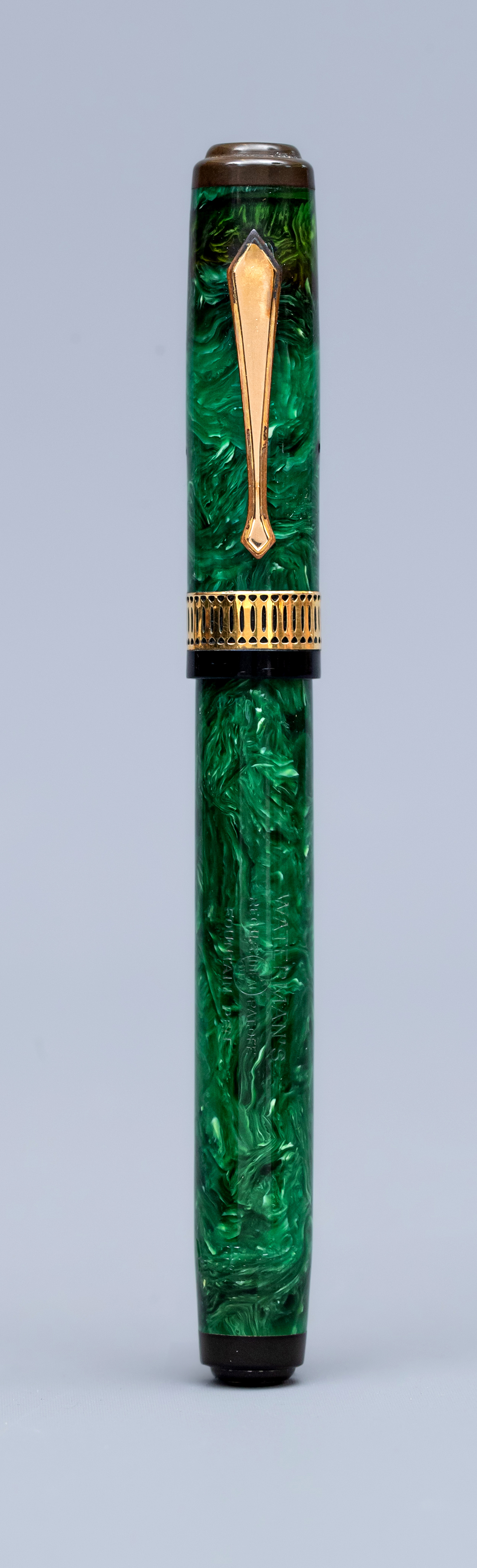 WATERMAN: 1930's Patrician green marbled celluloid lever filler fountain pen with gold plated trim Image
