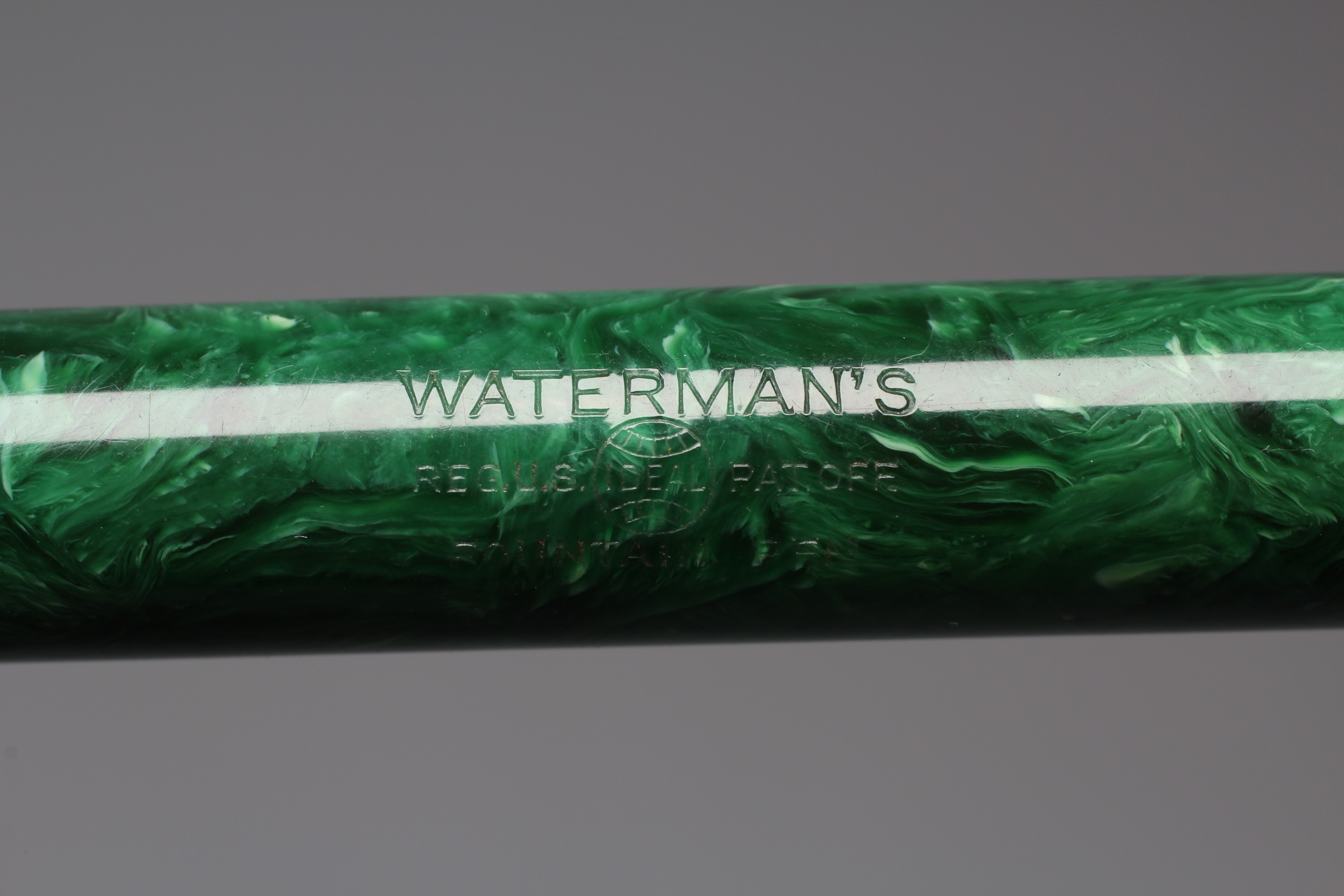 WATERMAN: 1930's Patrician green marbled celluloid lever filler fountain pen with gold plated trim Image