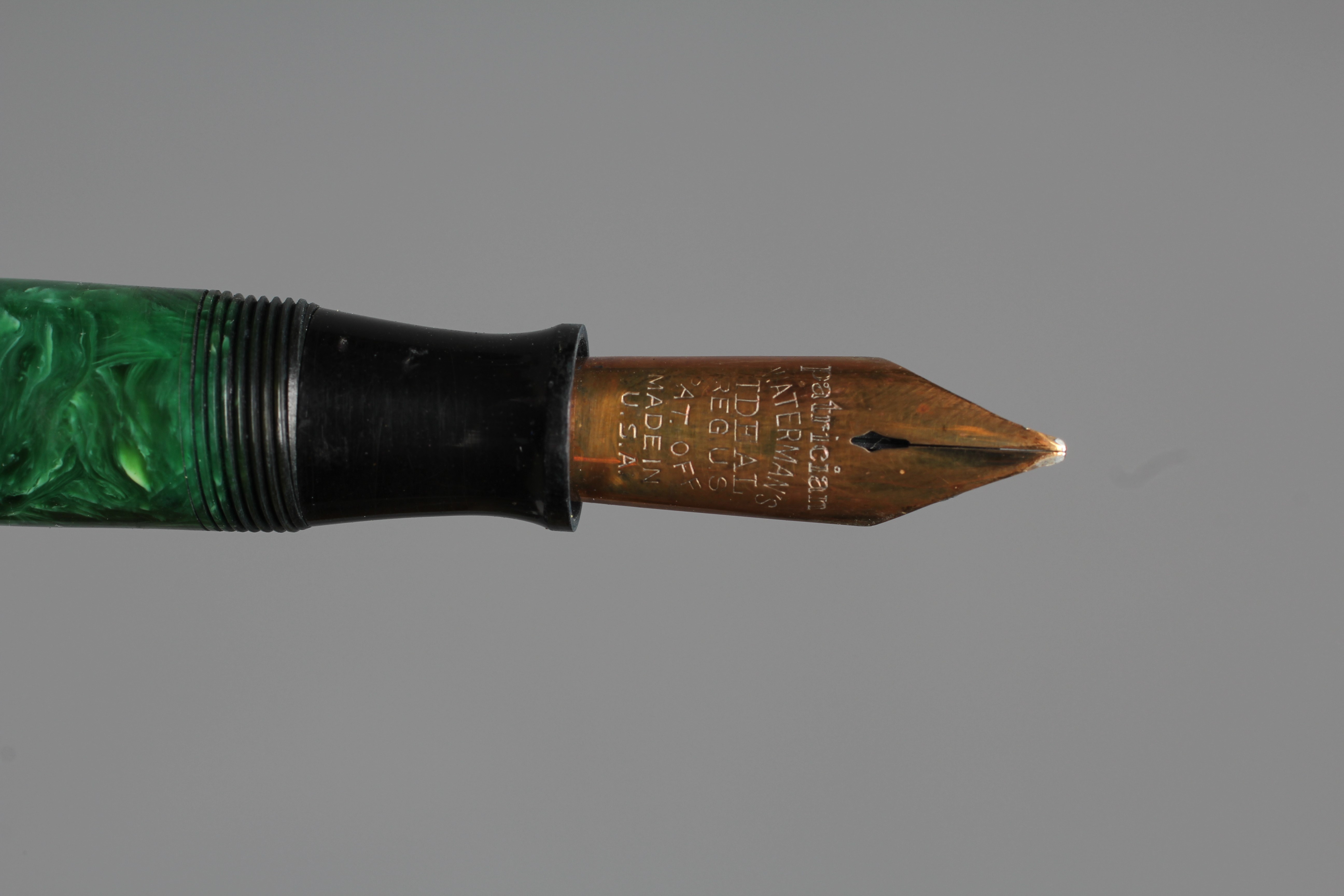 WATERMAN: 1930's Patrician green marbled celluloid lever filler fountain pen with gold plated trim Image