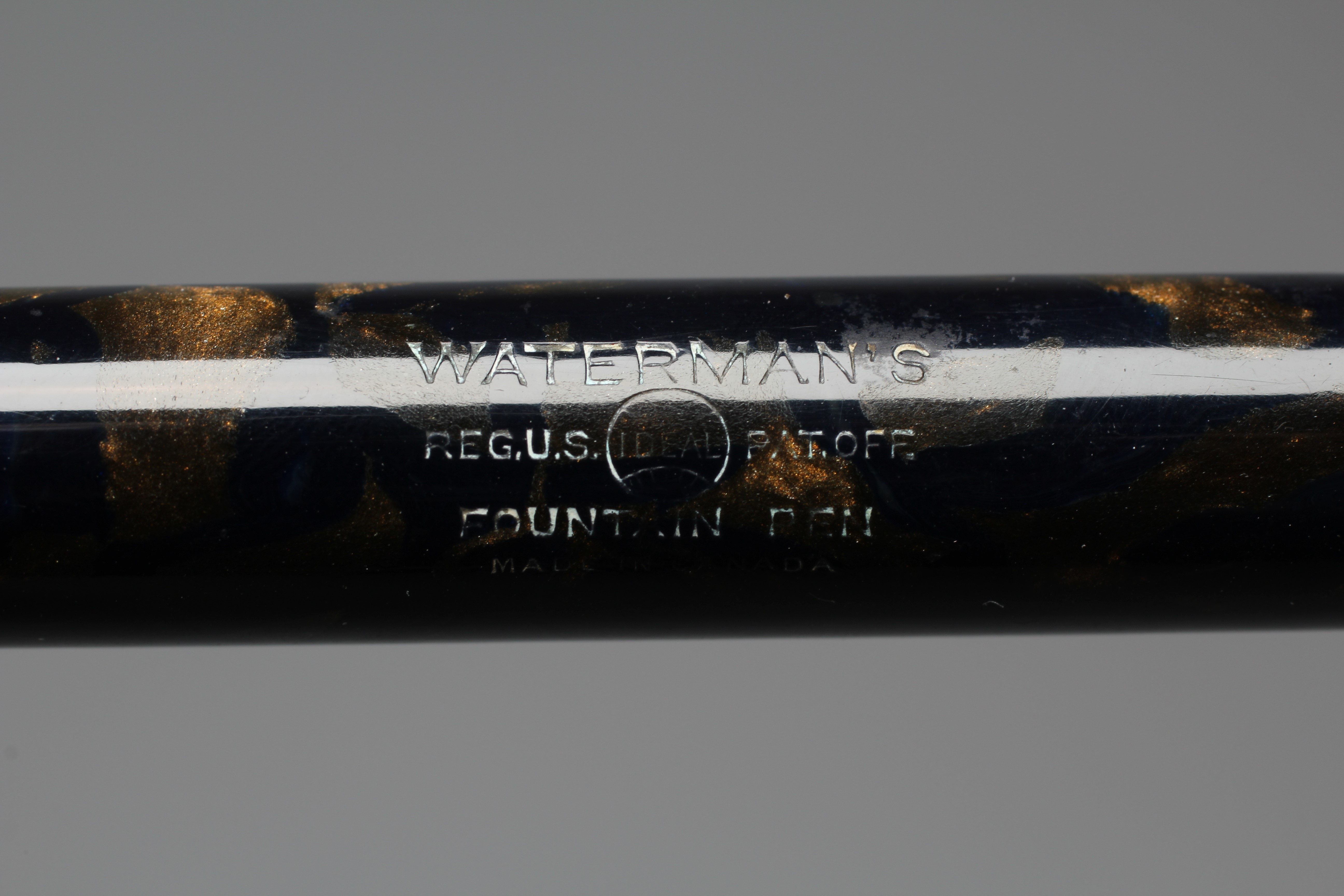 WATERMAN: 1930's Patrician blue and bronze celluloid lever filler fountain pen with gold plated trim Image