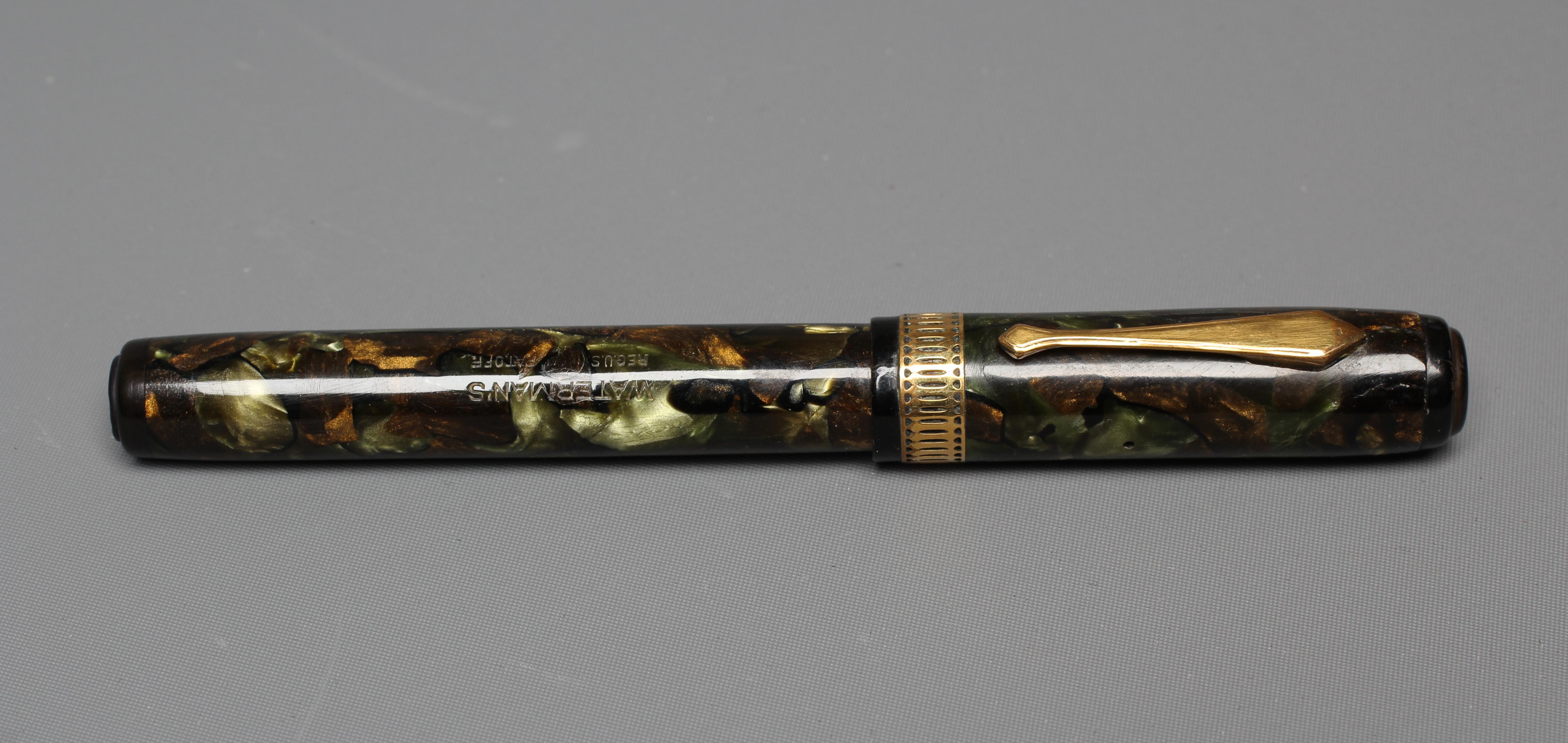 WATERMAN: 1930's Patrician moss agate celluloid lever filler fountain pen with gold plated trim Image
