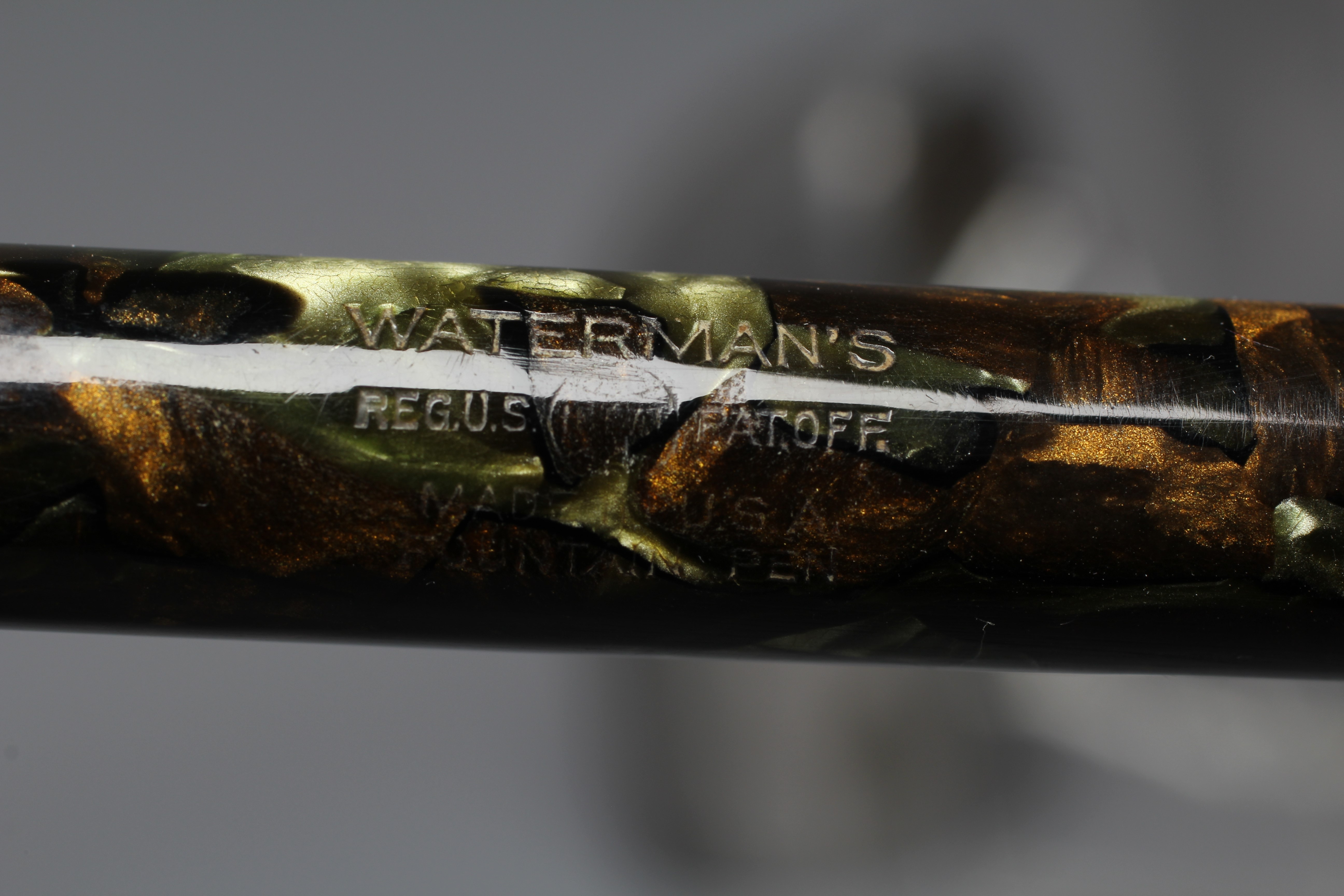 WATERMAN: 1930's Patrician moss agate celluloid lever filler fountain pen with gold plated trim Image