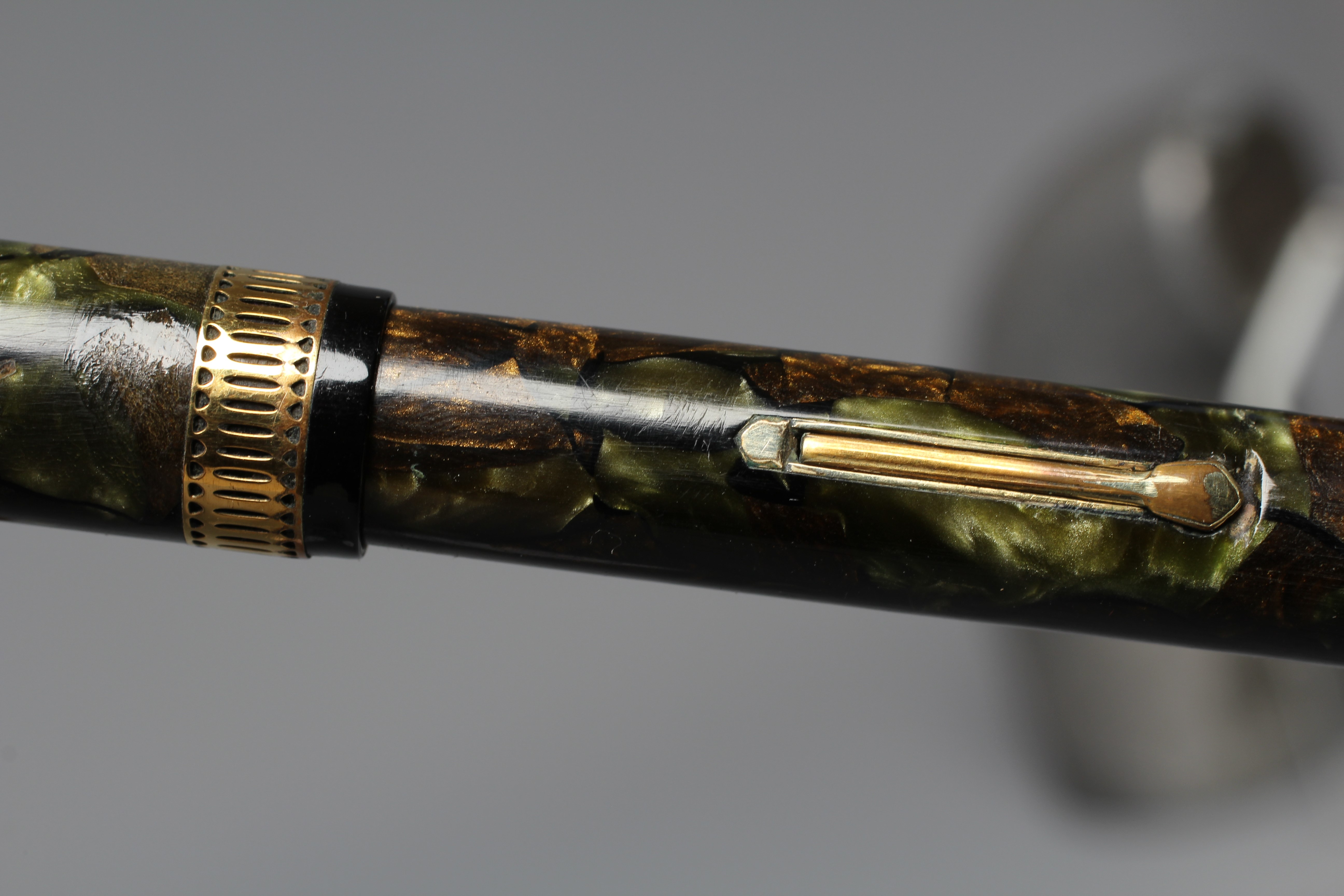 WATERMAN: 1930's Patrician moss agate celluloid lever filler fountain pen with gold plated trim Image