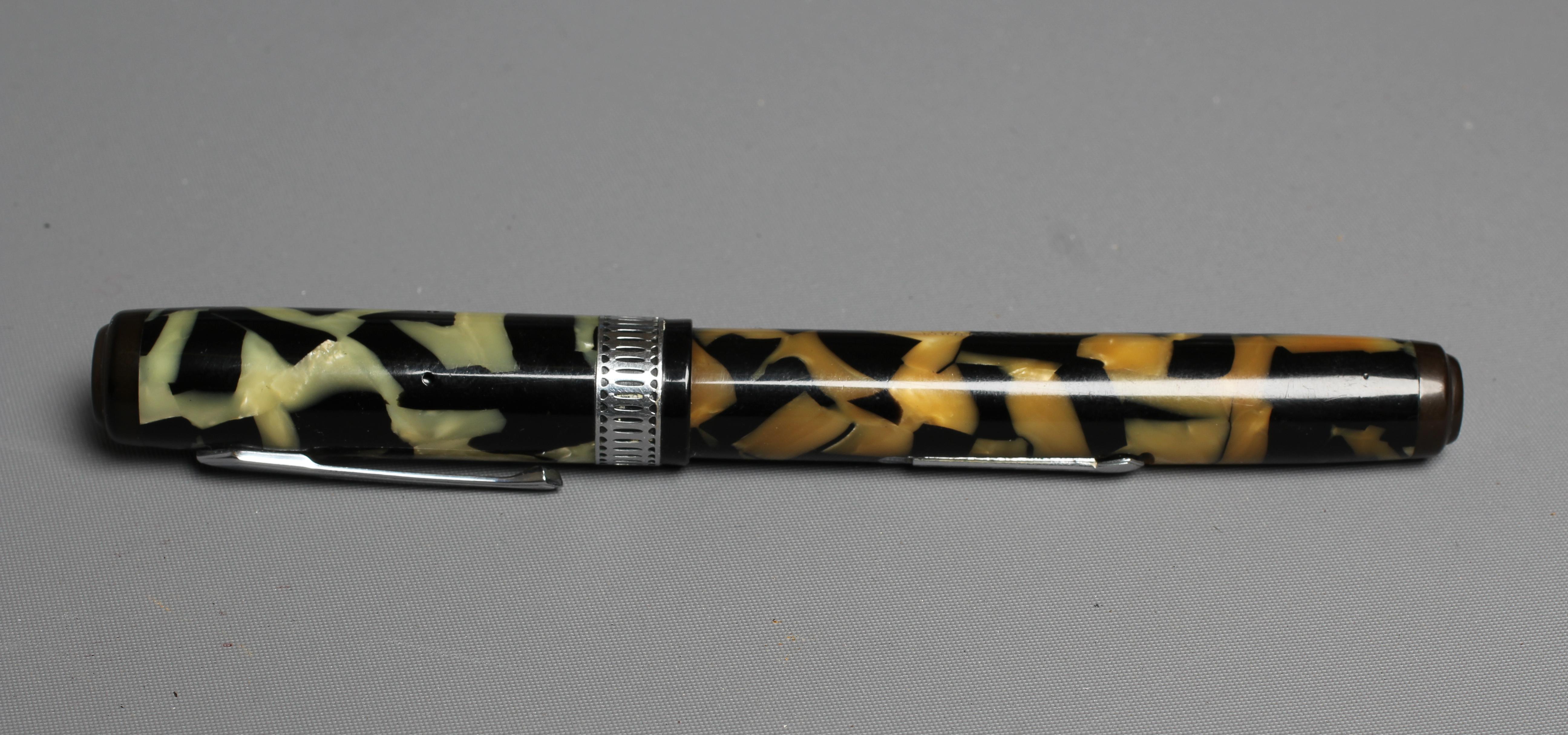 WATERMAN: 1930's Patrician green, brown and black marbled celluloid lever filler fountain pen with Image