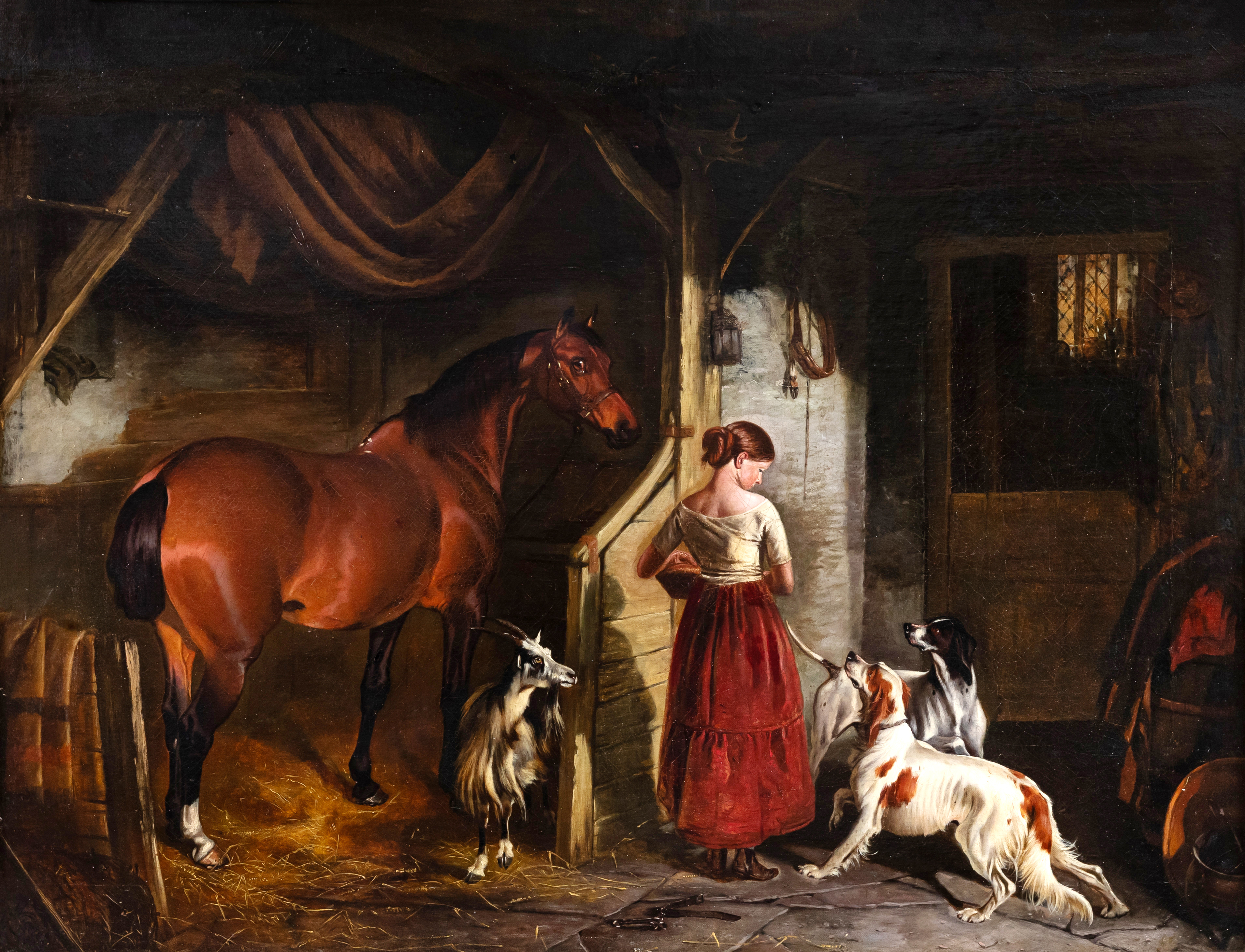 JOHN ALFRED WHEELER OF BATH (1821-1877) Stable Interior with a Young Girl, Horse, Goat and Dogs, Image