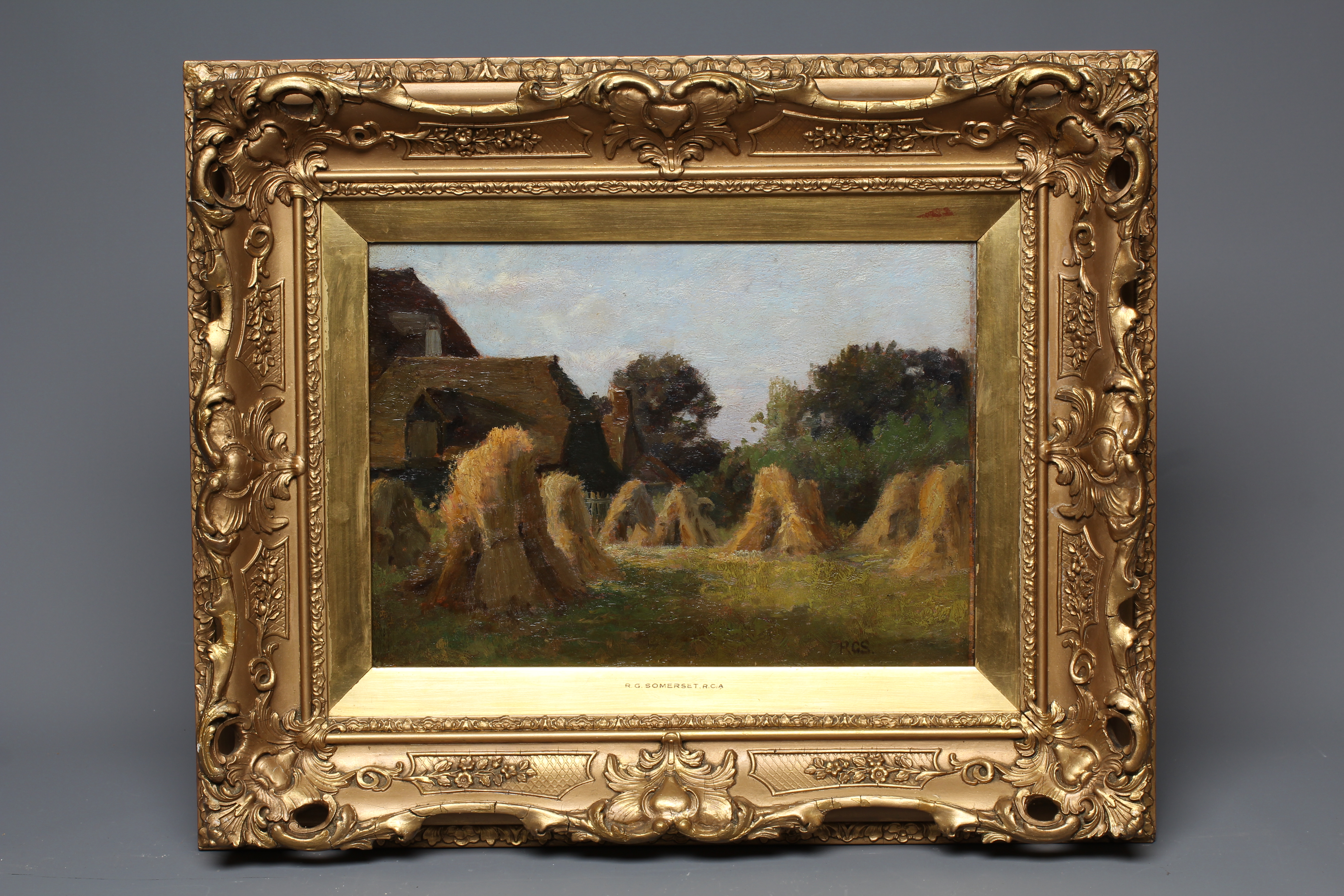 RICHARD GAY SOMERSET (1848-1928) Wheat Sheaves, signed lower right, oil on board, 10" x 14", gilt Image