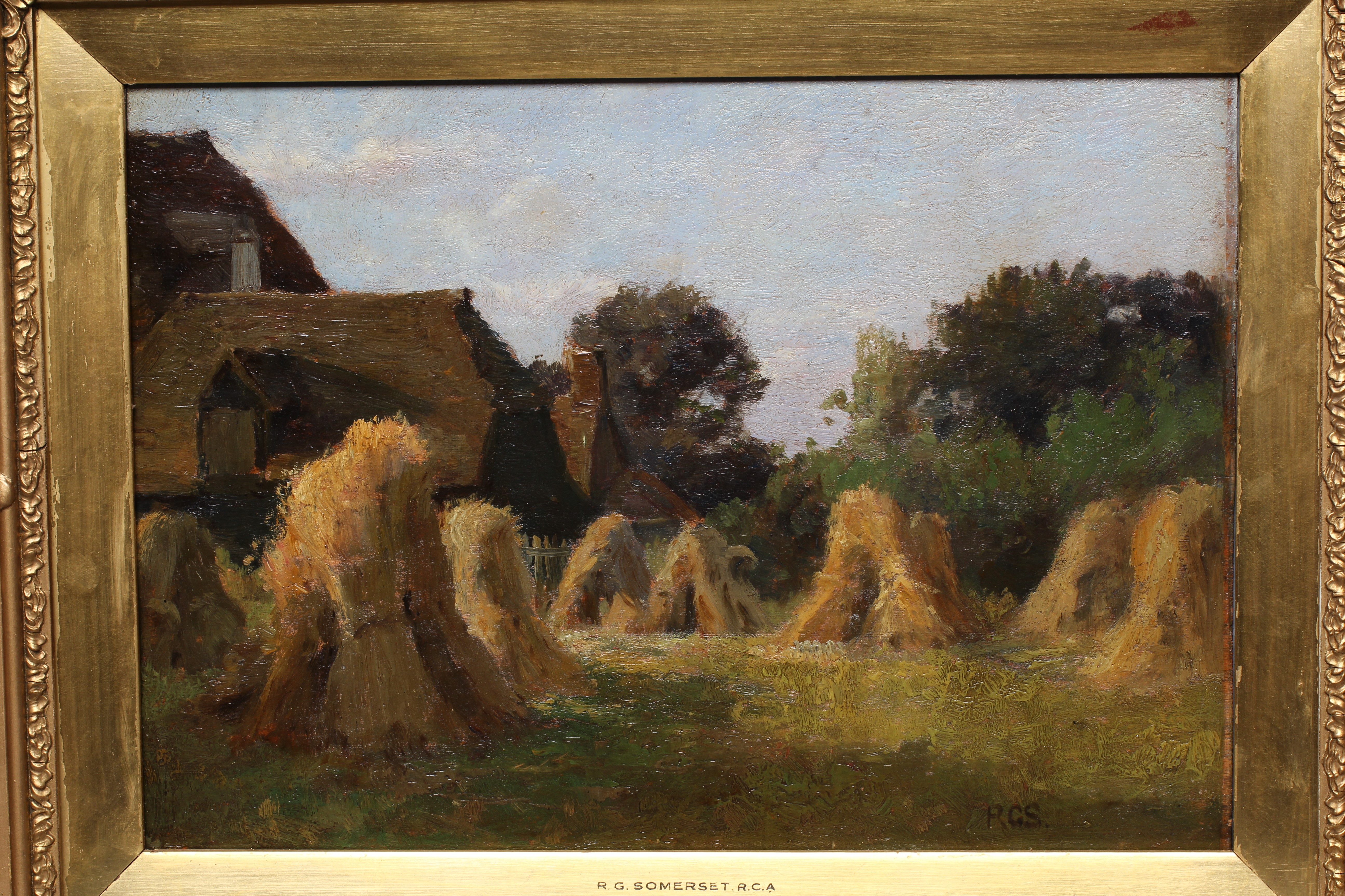 RICHARD GAY SOMERSET (1848-1928) Wheat Sheaves, signed lower right, oil on board, 10" x 14", gilt Image