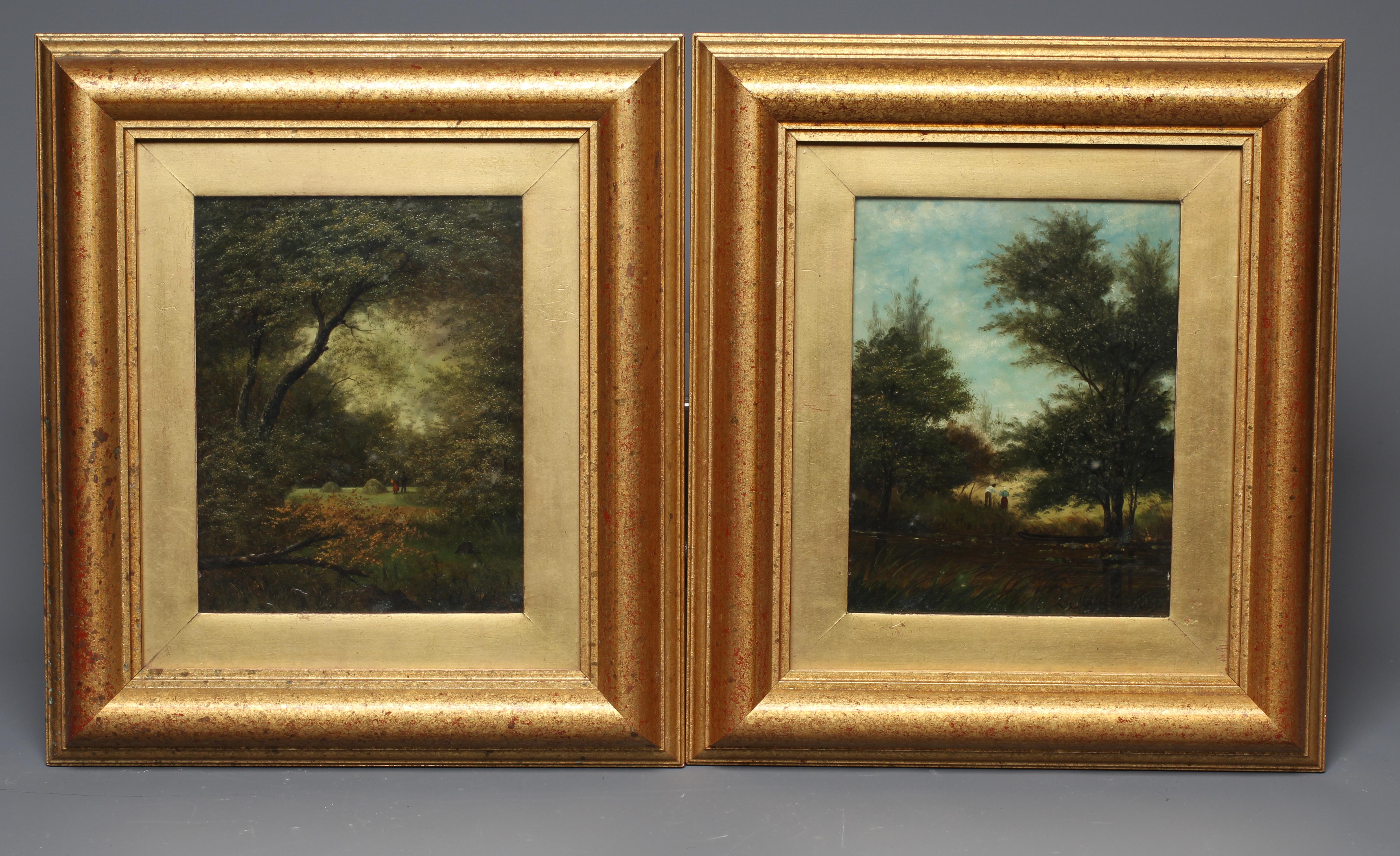 BARBIZON SCHOOL (Late 19th century) 'River Scene with Punt' and 'Figures in a Woodland Clearing' Image