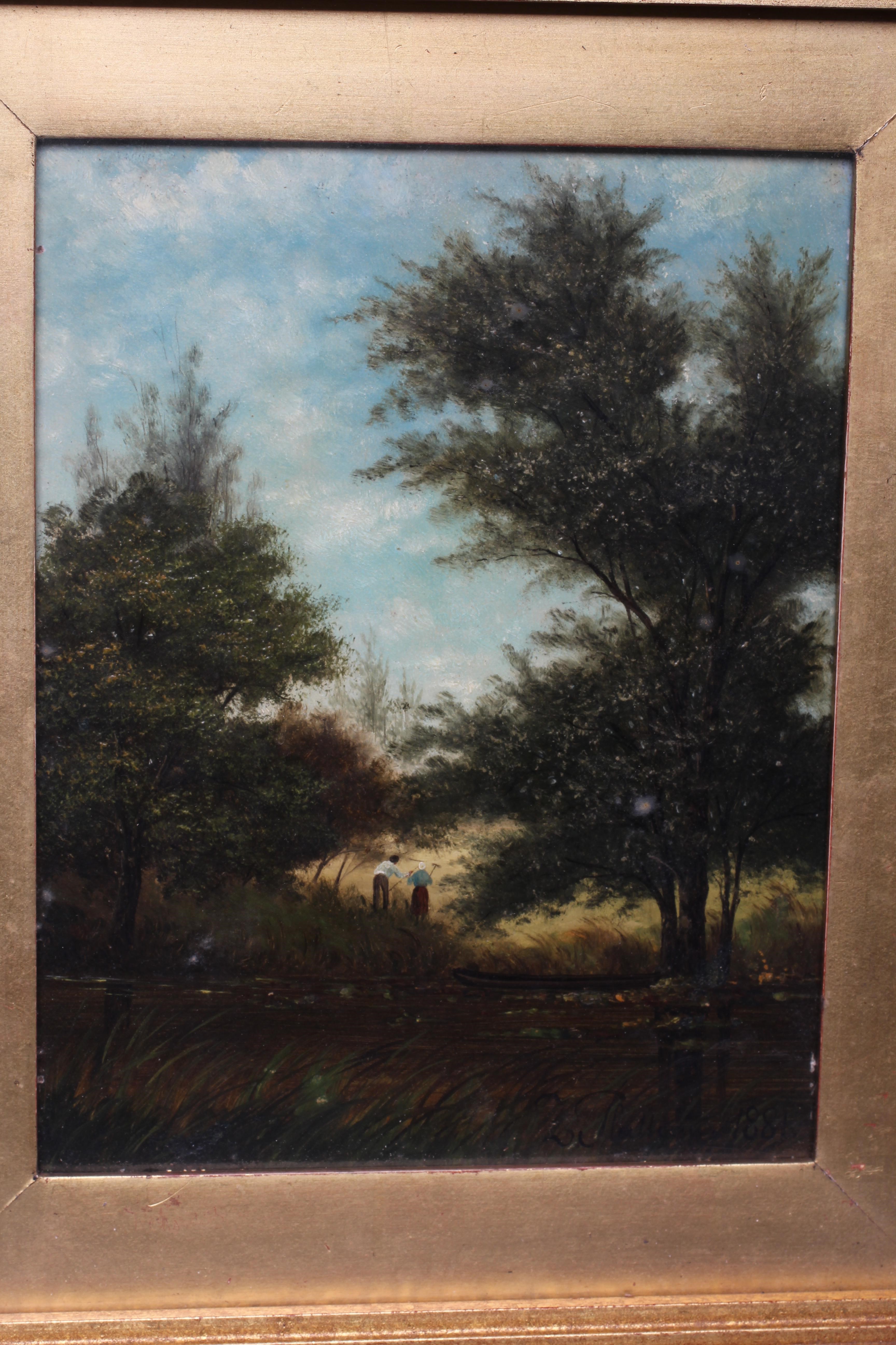 BARBIZON SCHOOL (Late 19th century) 'River Scene with Punt' and 'Figures in a Woodland Clearing' Image
