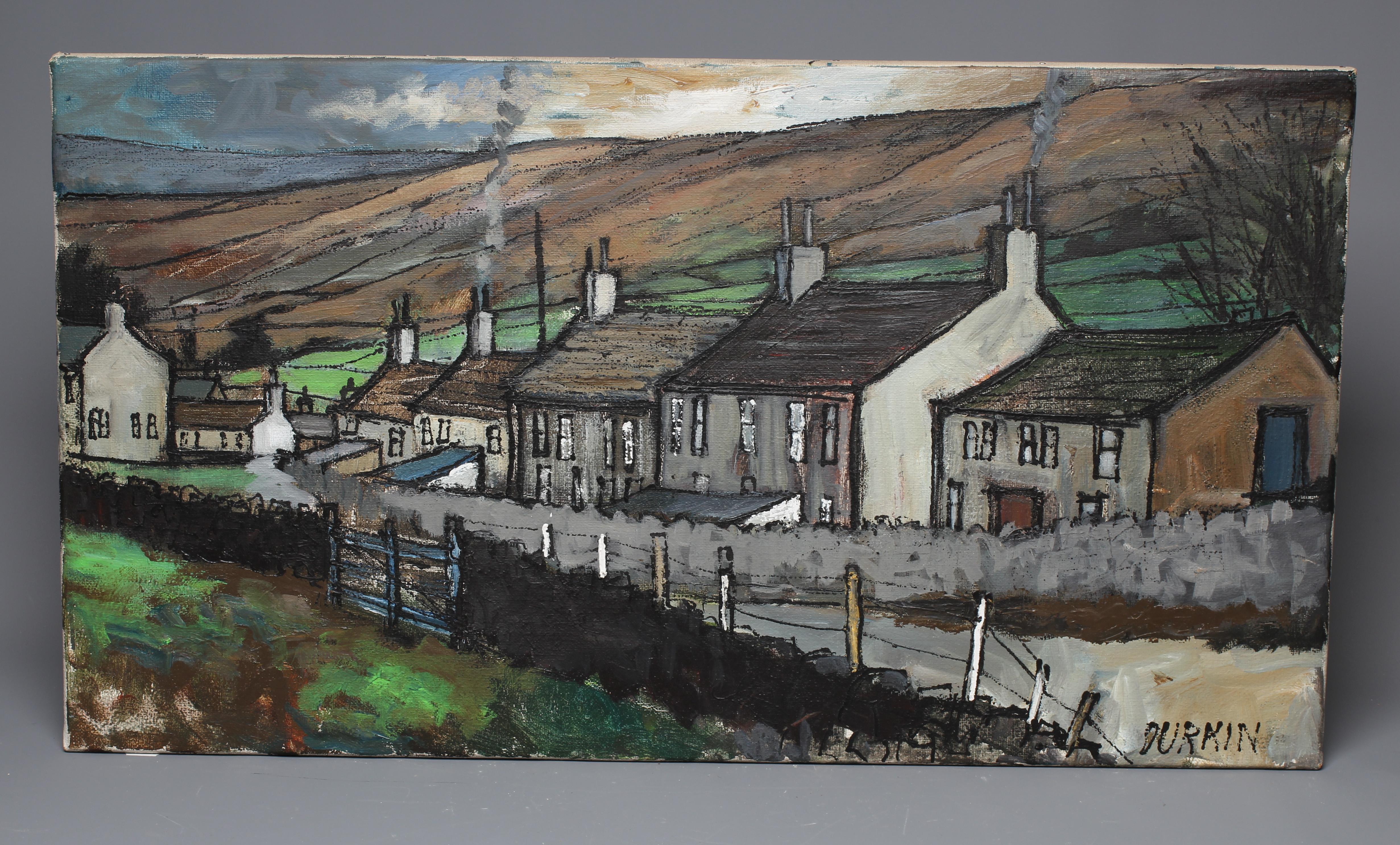 TOM DURKIN (1928-1990) Row of Rural Cottages, signed lower right, oil on canvas, 20" x 36", unframed Image