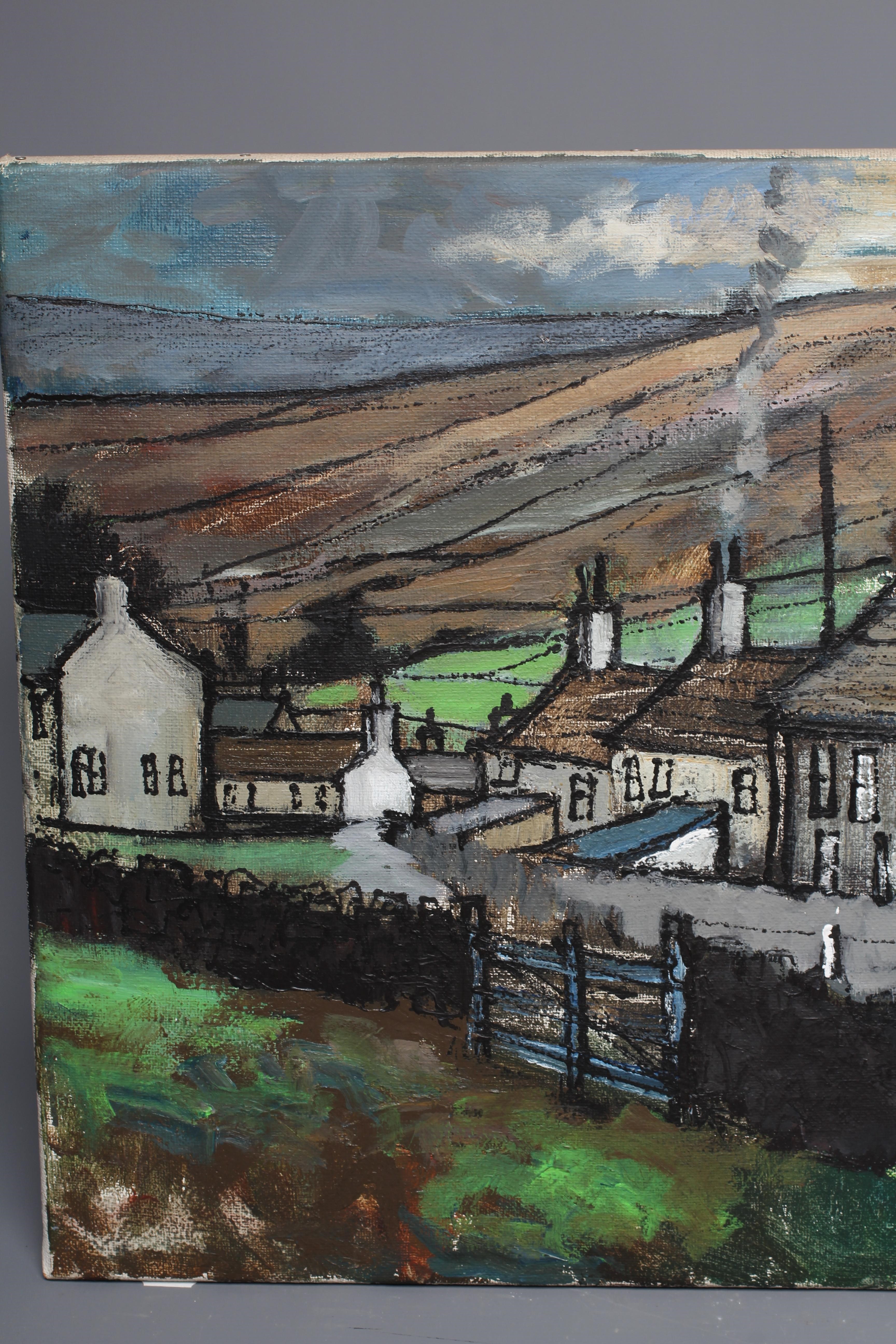 TOM DURKIN (1928-1990) Row of Rural Cottages, signed lower right, oil on canvas, 20" x 36", unframed Image