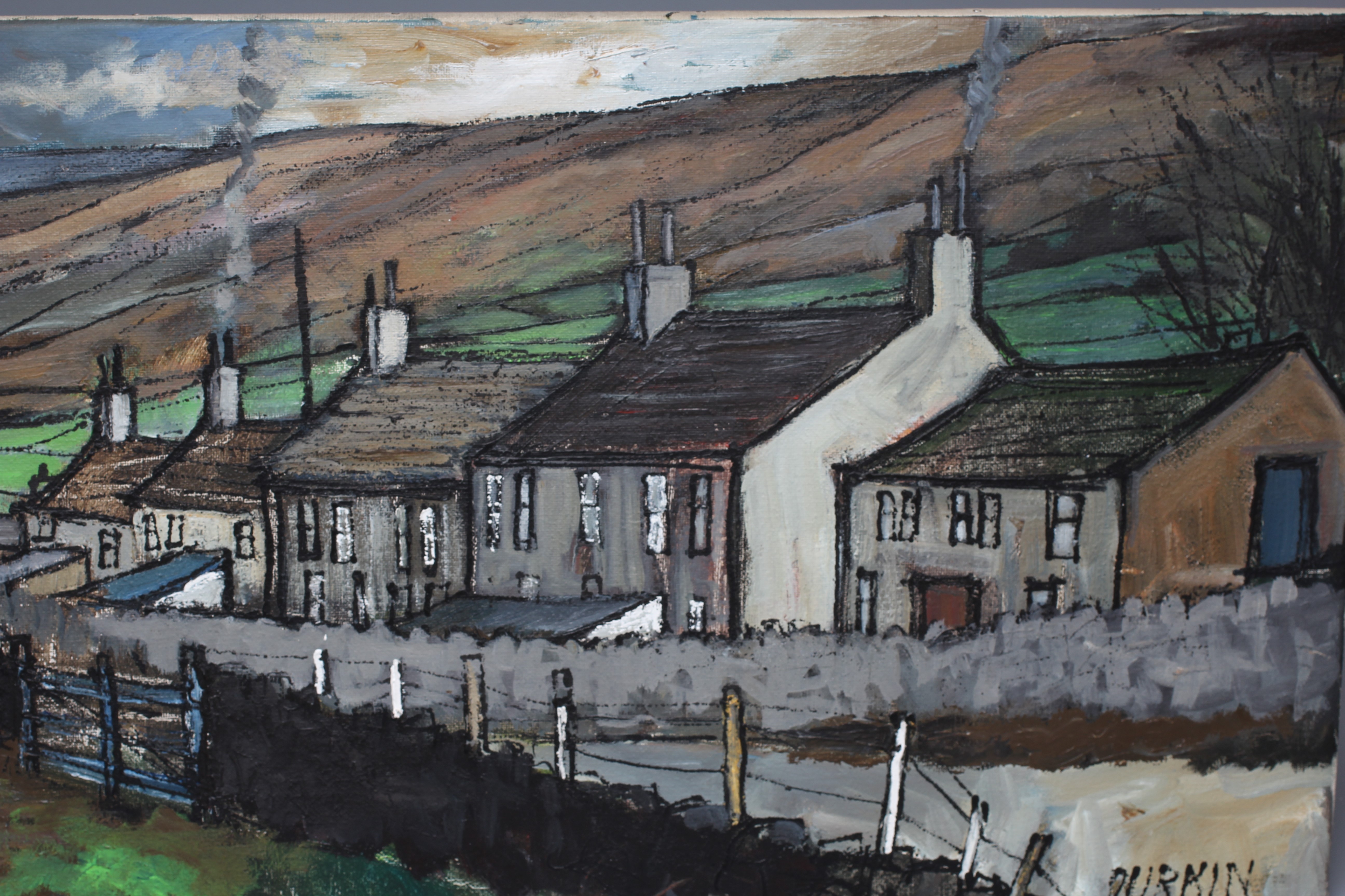 TOM DURKIN (1928-1990) Row of Rural Cottages, signed lower right, oil on canvas, 20" x 36", unframed Image